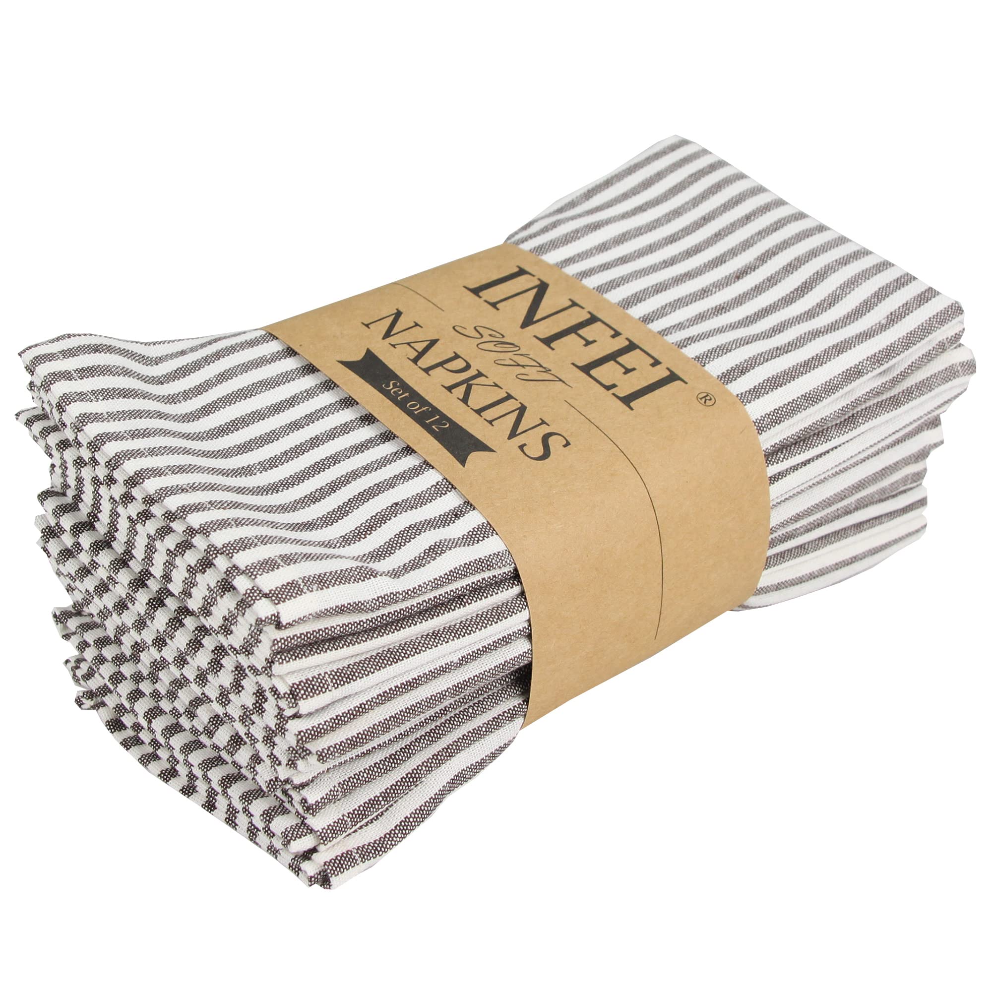Infei Plain Striped Cotton Linen Blended Dinner Cloth Napkins - Set Of 12 (17 X 17 Inches) - For Events & Home Use (Brown)