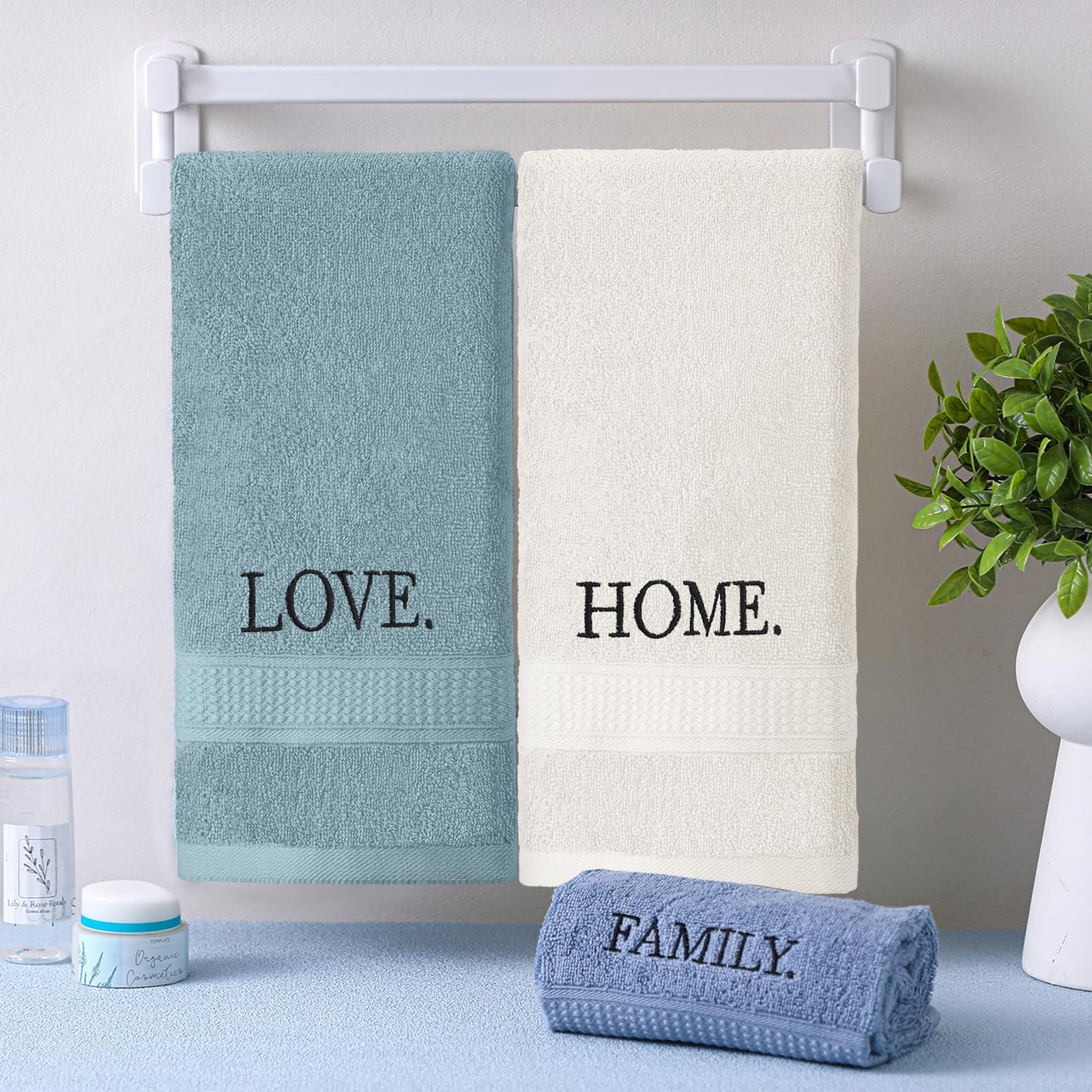 FuWeave 3 Pcs Home Love Family Decorative Hand Towels for Bathroom and Kitchen Rustic Embroidered 100% Cotton Hand Towels Decora
