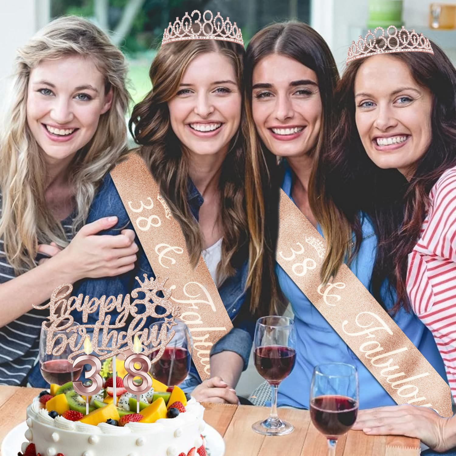 38Th Birthday Decorations For Women Including 38Th Birthday Sash, Tiara/Crown, Number 38 Candles And Cake Topper, Rose Gold 38 B