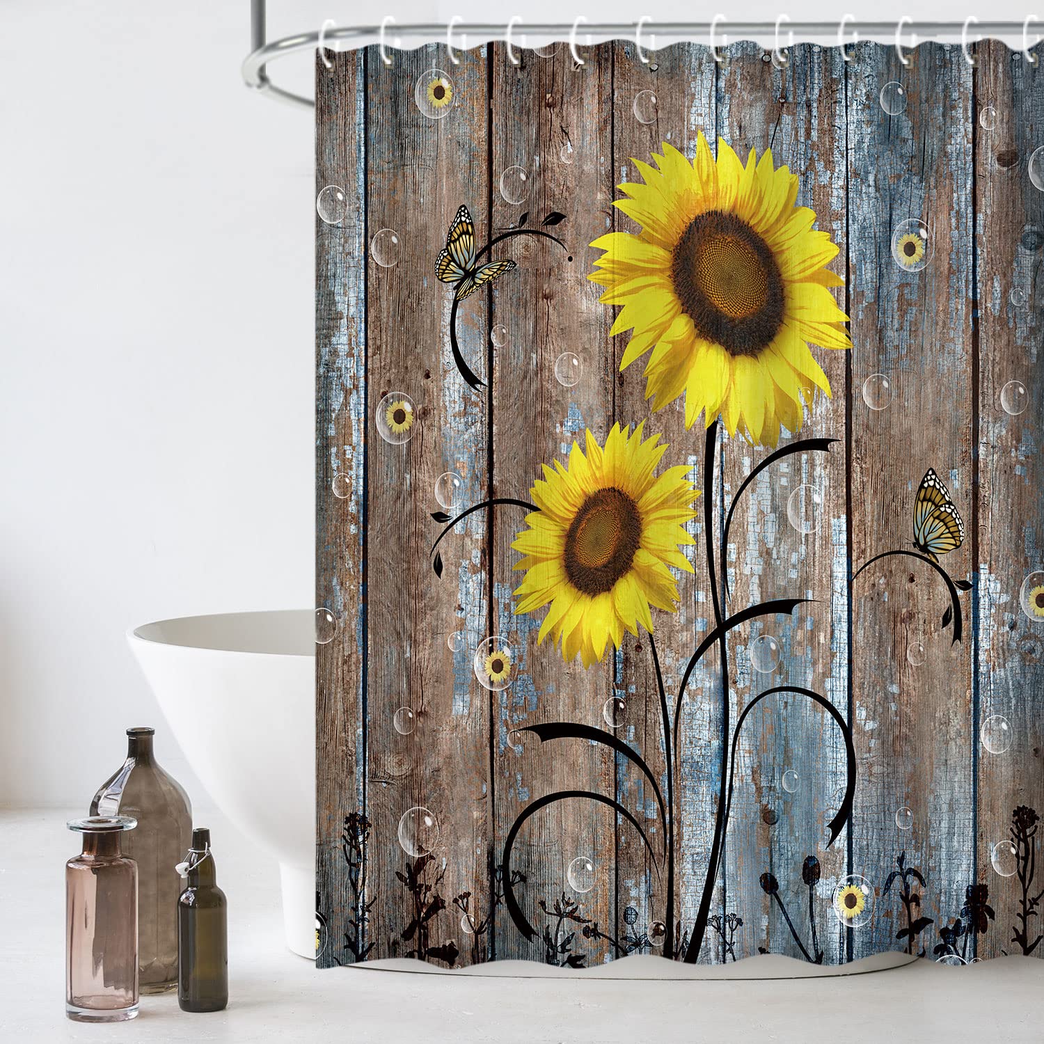 Rosielily Sunflower Shower Curtain, Country Shower Curtain, Rustic Yellow Floral On Brown Door Fall Autumn Farmhouse 72W X 72H I