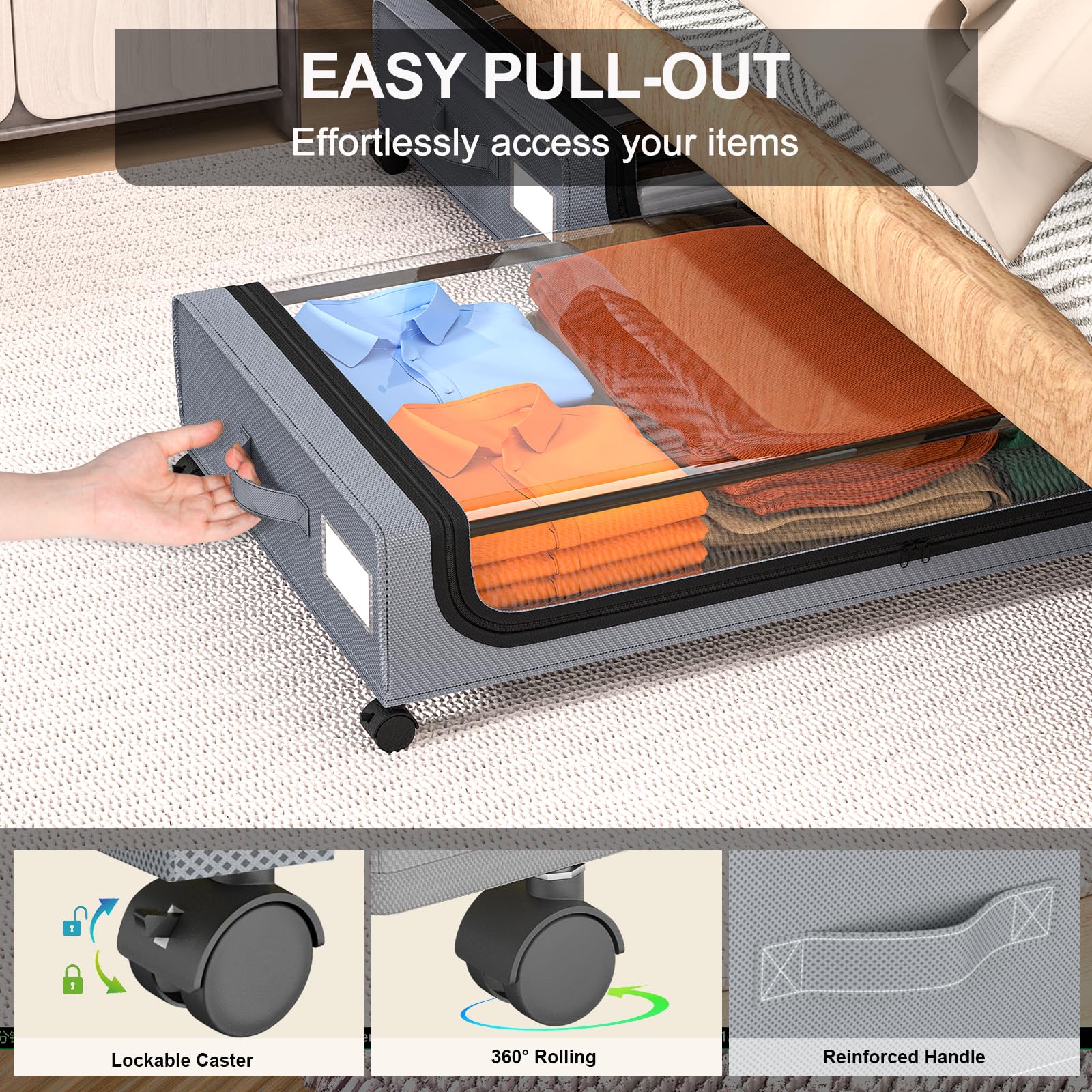 GoMaihe Under Bed Storage with Wheels: XXL 48L Underbed Storage Containers with Lids - Rolling Drawers for Shoes Clothes in Dorm