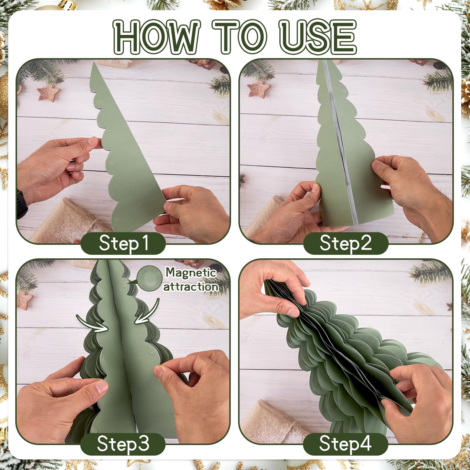 OBBOLO 6 Pcs Paper Christmas Tree, Beige, Sage Green and Dusty Pink Tabletop Christmas Decorations with Magnetic Closure, 12 & 6