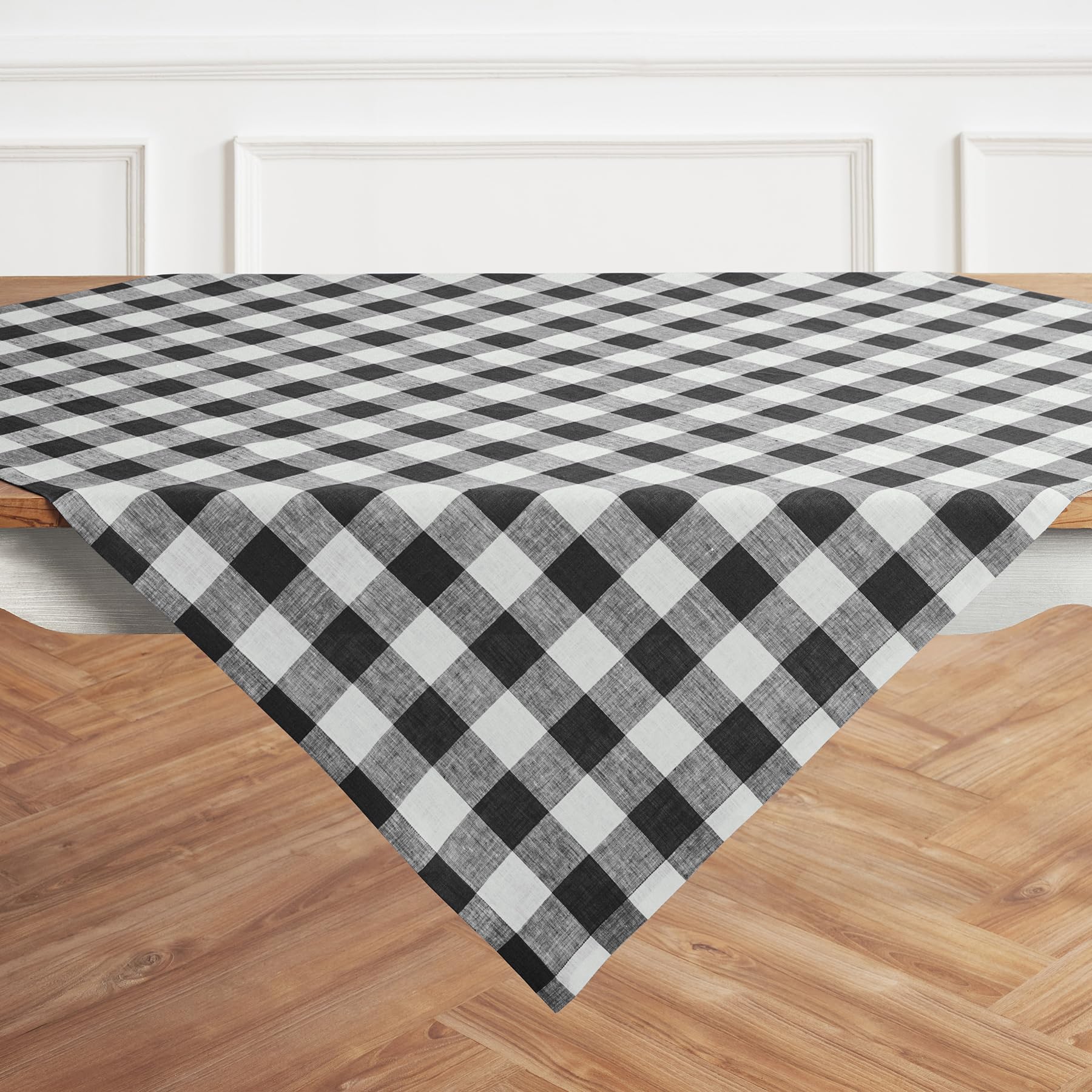 Solino Home Buffalo Check Linen Square Tablecloth 52 X 52 Inch - 100% Pure Linen Black And White Plaid Table Throw - Machine Was