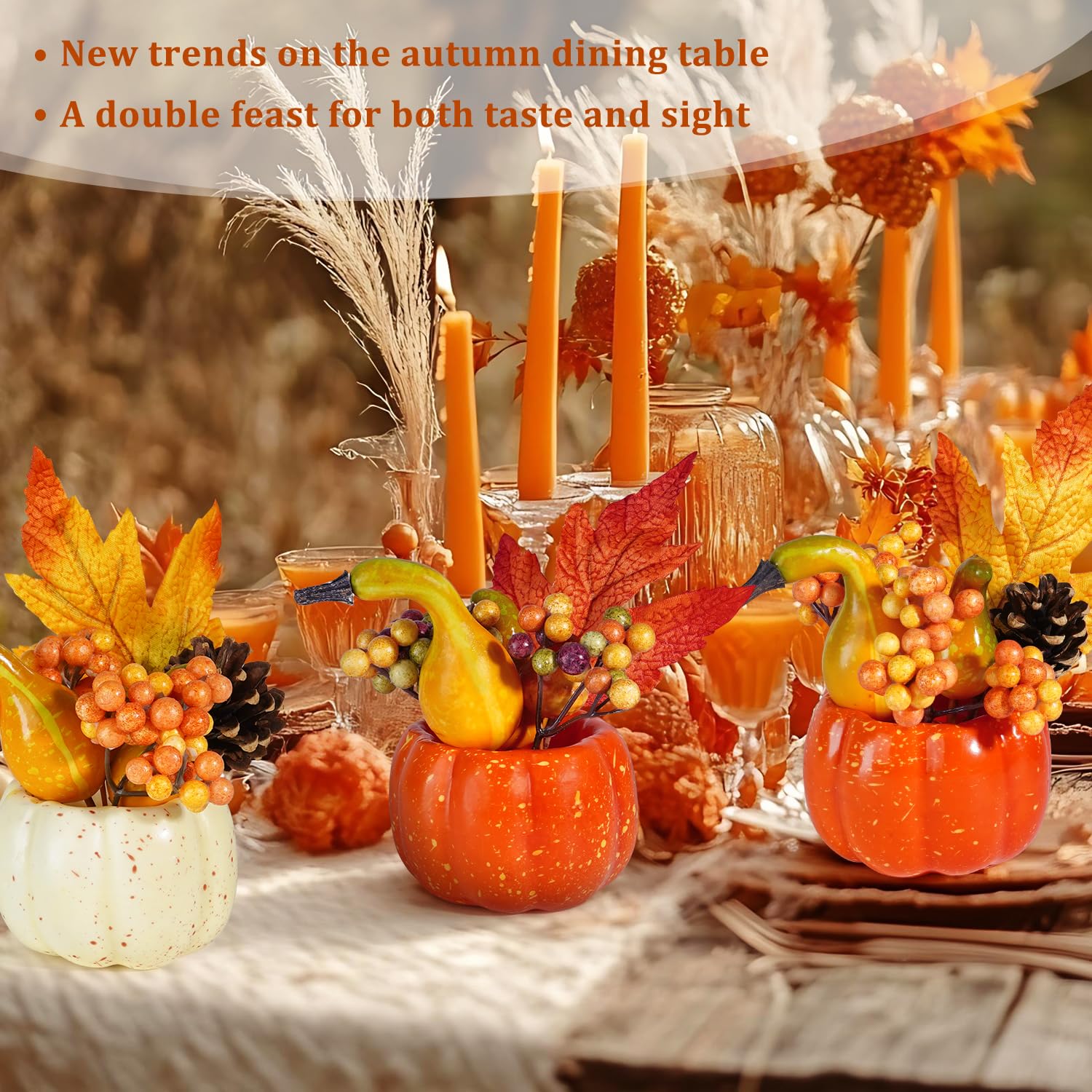 Artmag Set of 6 Artificial Pumpkins Decorations, Decorative Orange Pumpkin with Maple Berry Acorn Pine Cone Vegetables for Fall