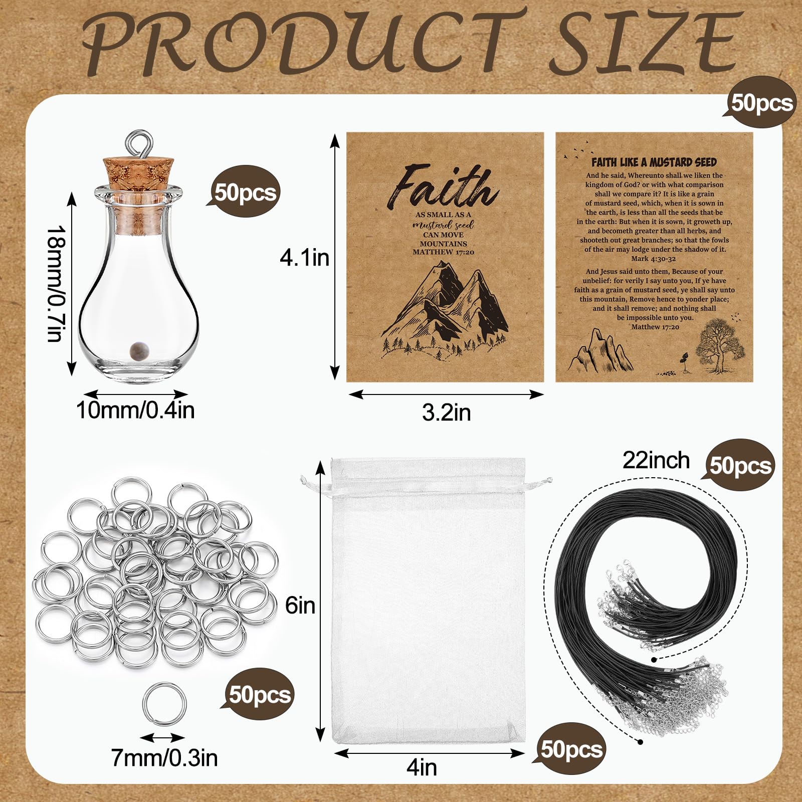 Teenyyou 50/100 Set Mustard Seed Faith Necklace Christian Gifts for Woman DIY 0.5ml Mini Glass Jars Craft Necklace with Christia