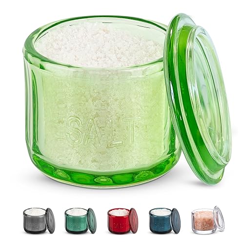 KooK Salt Cellar & Jar  Round Salt Container  Pressed Clear Glass  with Clear Lid  Embossed  10 oz (Lime)