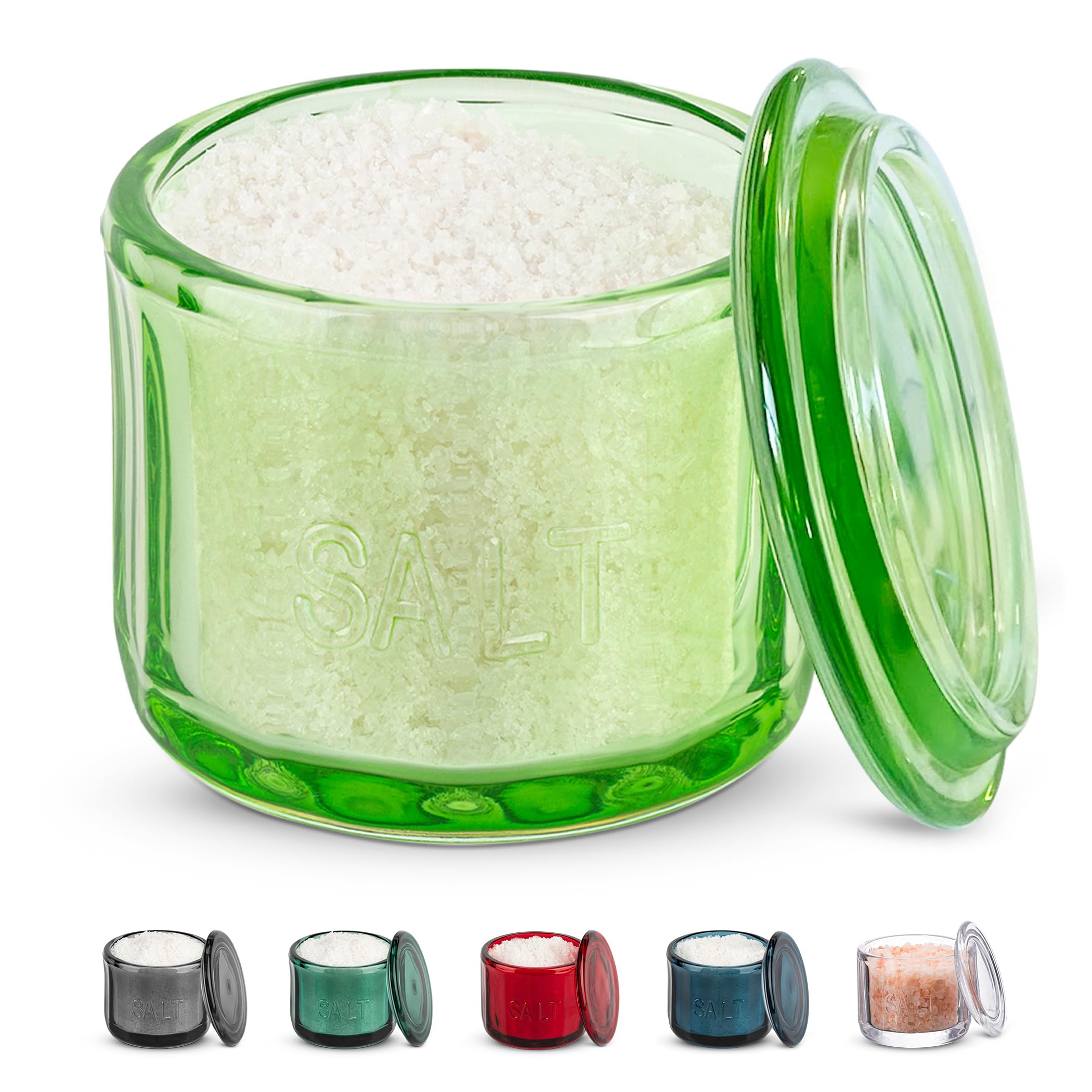 KooK Salt Cellar & Jar  Round Salt Container  Pressed Clear Glass  with Clear Lid  Embossed  10 oz (Lime)