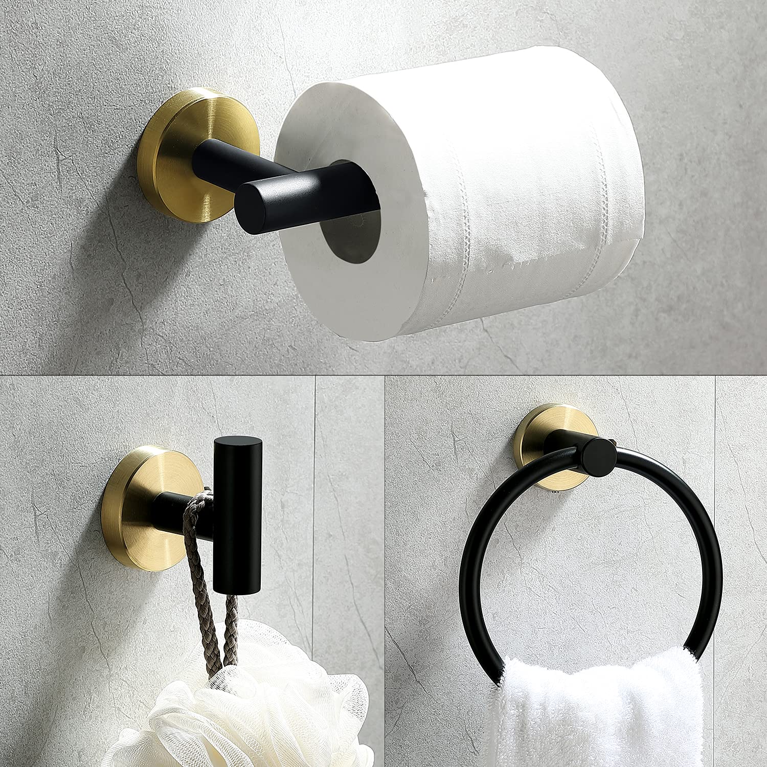 Ntipox 4 Piece Stainless Steel Matte Black and Brushed Gold Bathroom Hardware Set Include Hand Towel Ring Holder  Toilet Paper Holder and 2 Robe Towel Hooks Bathroom Accessories Kit