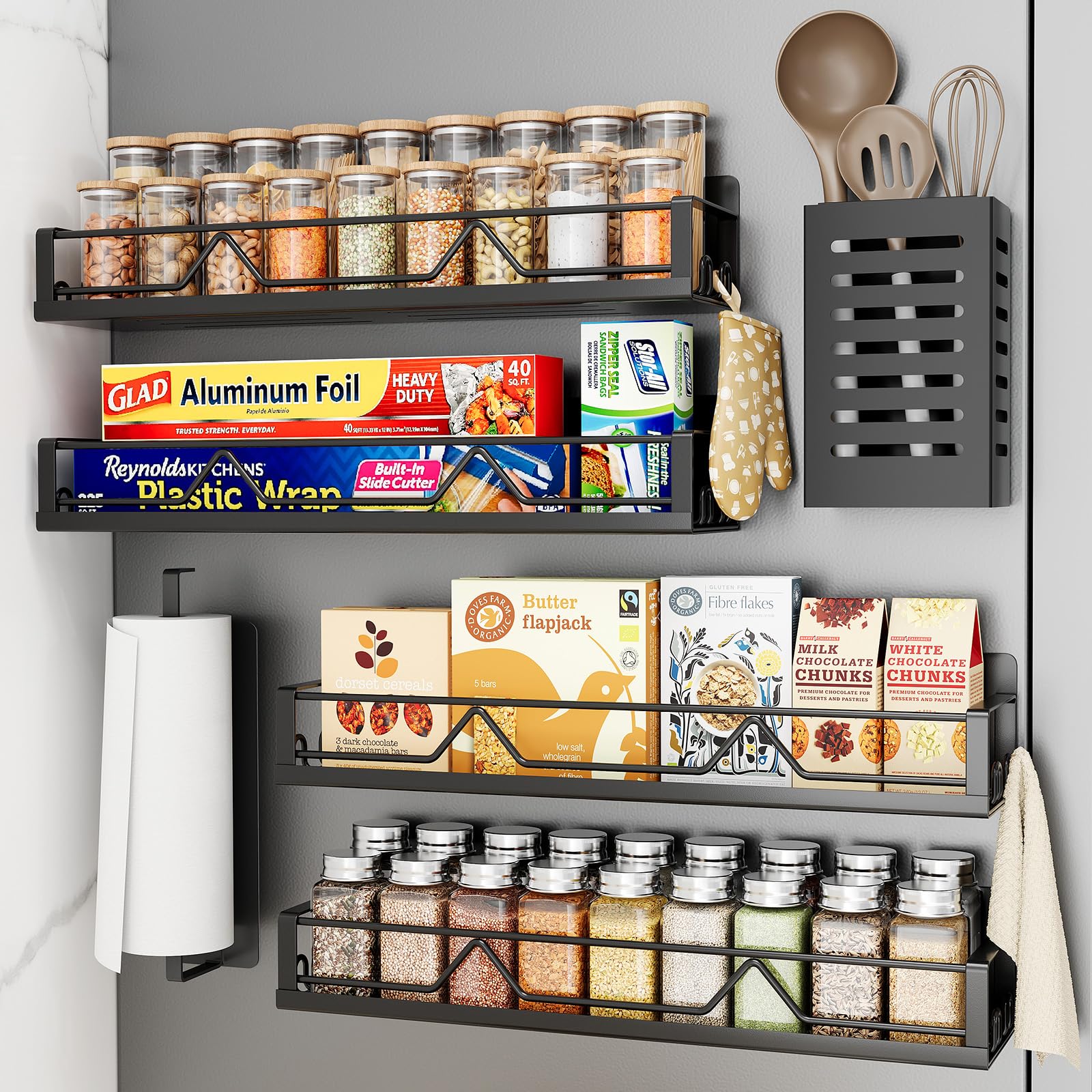 Mystozer 16.9 Inch Wide Large Capacity Magnetic Spice Rack for Refrigerator,6 Pack Metal Fridge Shelf Spice Rack Organizer Refri