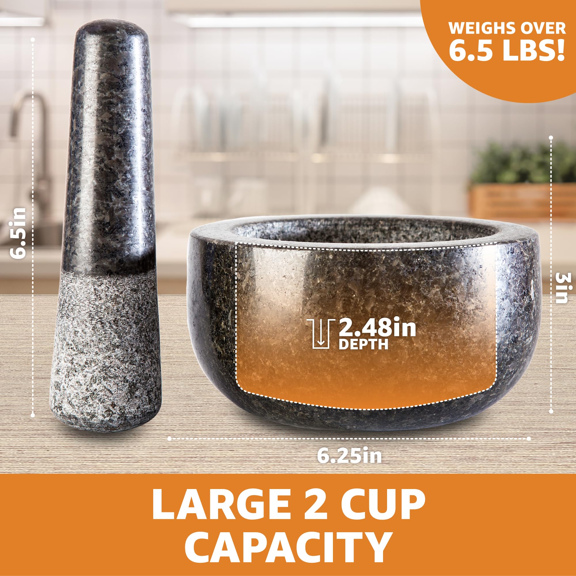 Heavy Duty Large Mortar And Pestle Set,100% Granite, Non Slip Base, Make Fresh Guacamole, Salsa, Pesto, Stone Grinder Bowl, Herb