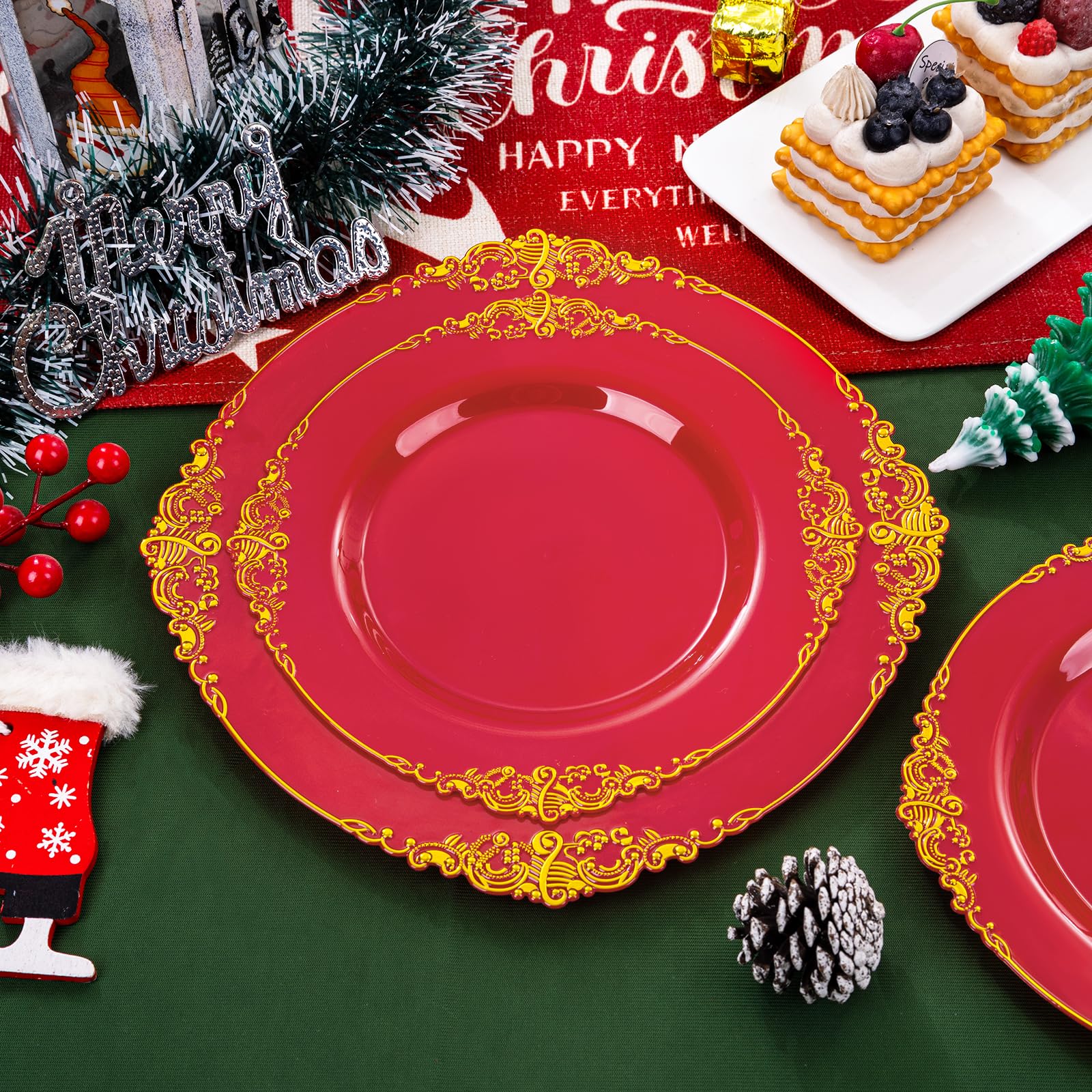 Joyido 102Pcs Red And Gold Plastic Plates - Red Plates Disposable - Red Plastic Plates With Gold Rim Include 51Pcs Dessert Plate