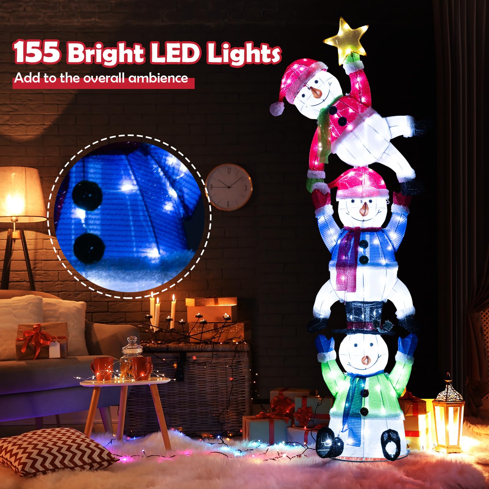 Tangkula 6 FT Lighted Christmas Stacked Snowman Set, Light-up Christmas Decoration with 155 LED Lights, Ground Stakes & Zip Ties