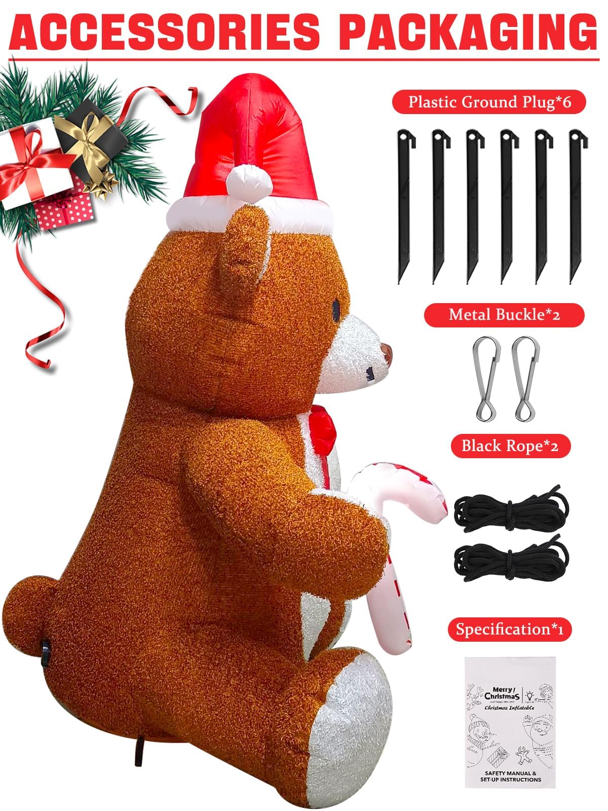 Kalolary Fluffy Bear Inflatable with LED Light, Christmas Blow Up Indoor Decoration, Xmas Teddy Yard Inflatable for Holiday Fami