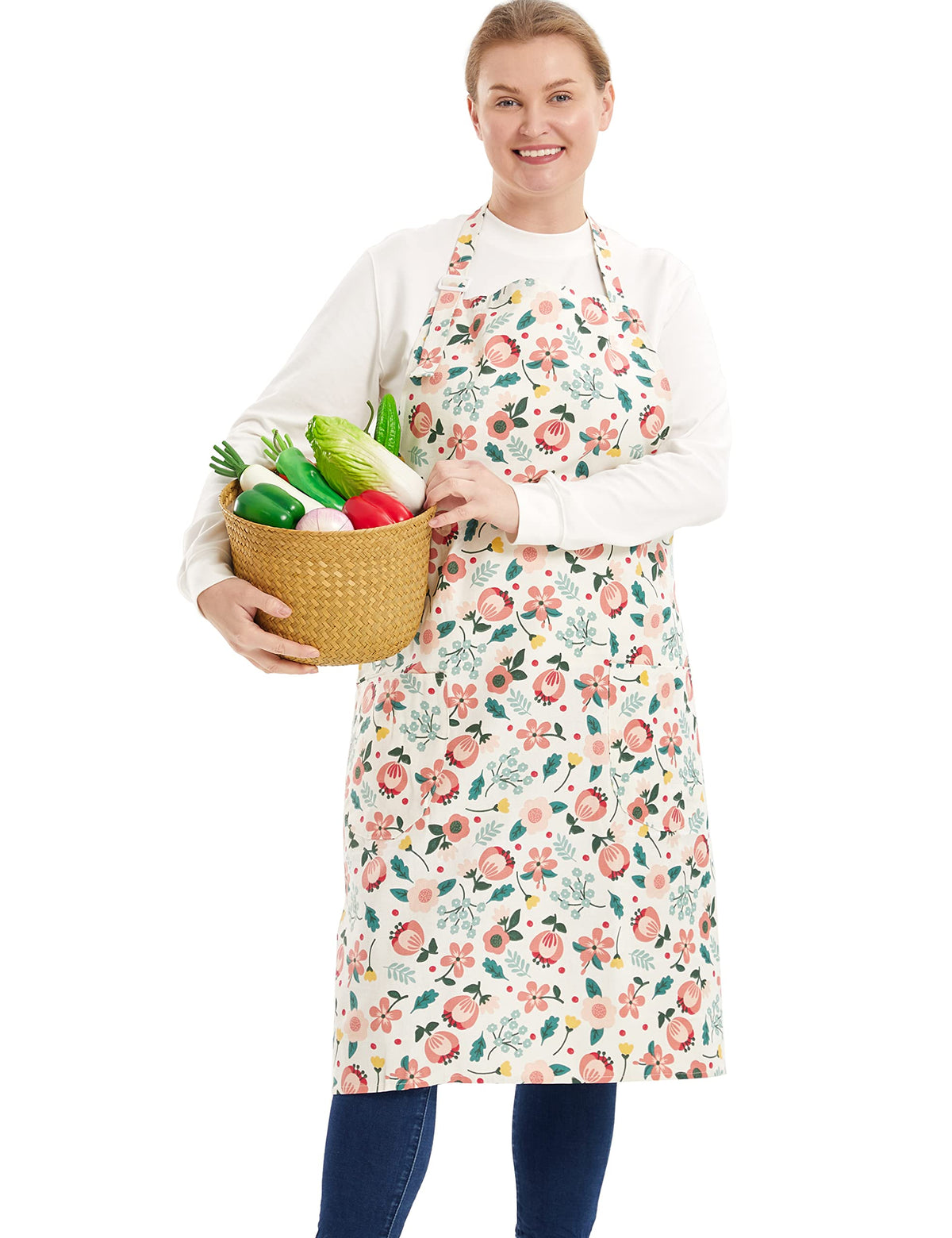 Apronner Cotton Linen Baking Plus Size Aprons For Women With Pockets Kitchen Cooking Pink Flower