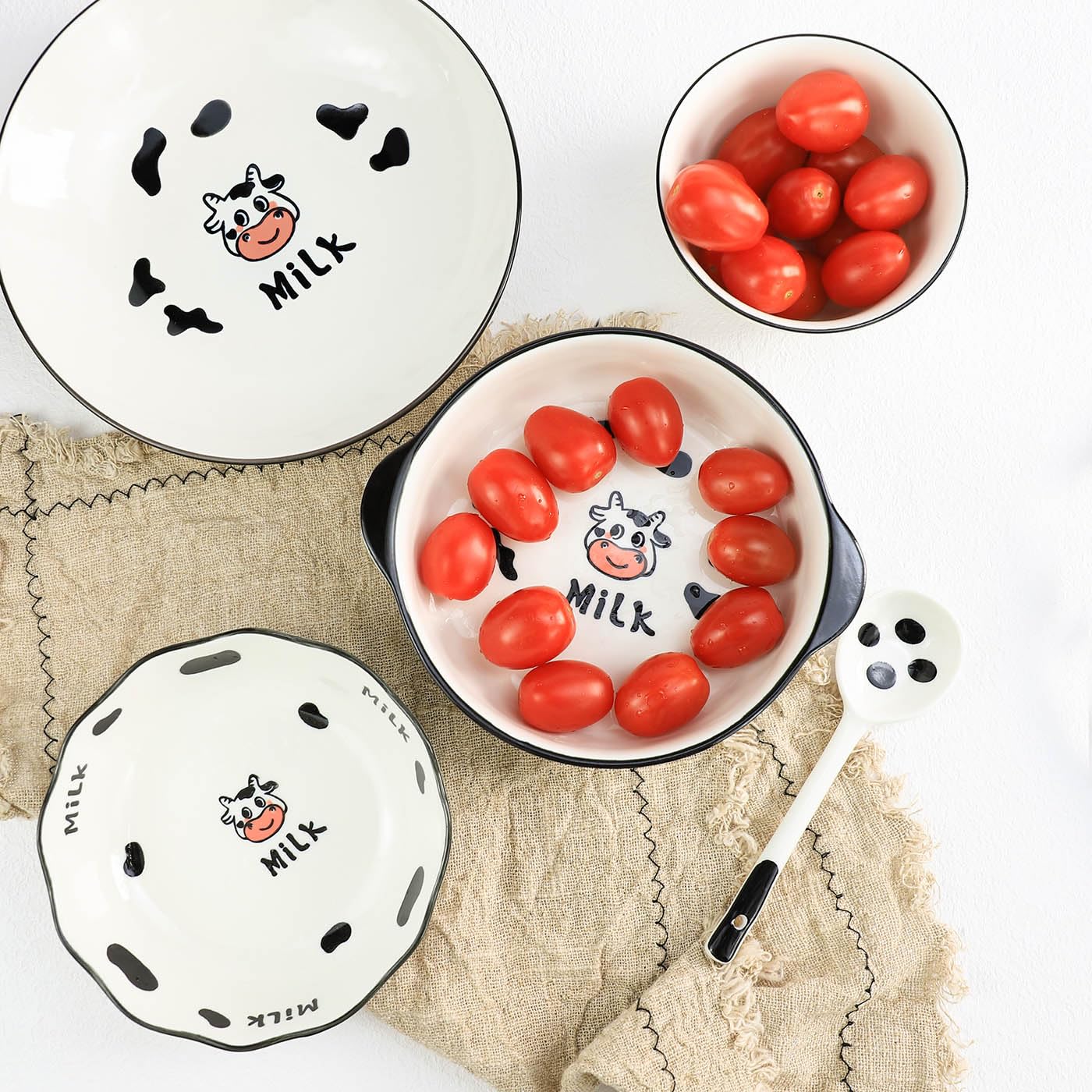 Bicuzat Cute Cartoon Milk Cow Dinnerware Sets, Ceramic Cow Dinner Plate Bowl Spoon Set For One, Set Of 5