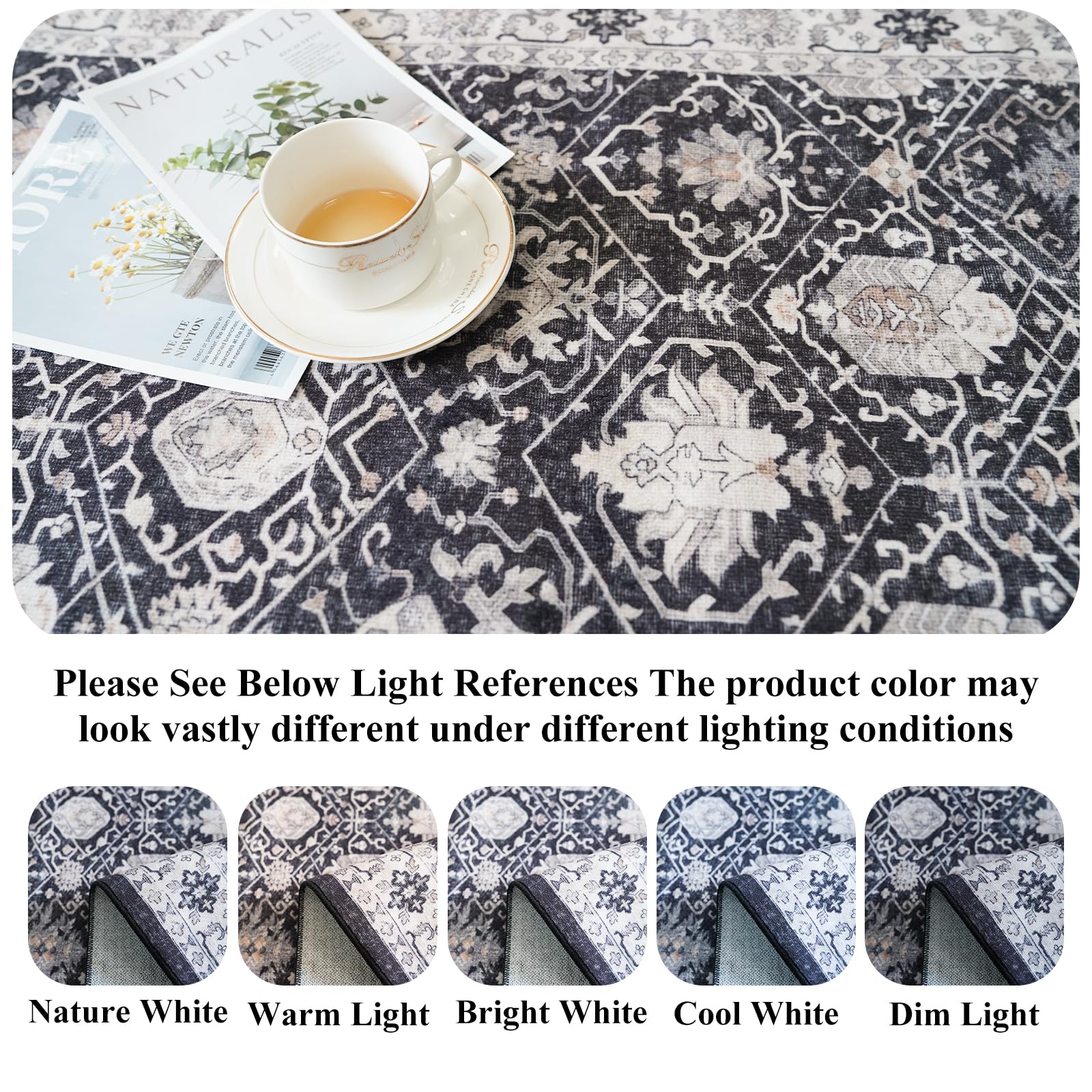 Washable Large 9x12 Area Rug: Indoor Oriental Living Room Carpet with Non Slip Backing Ultra Soft Low Pile Rugs for Bedroom Dini