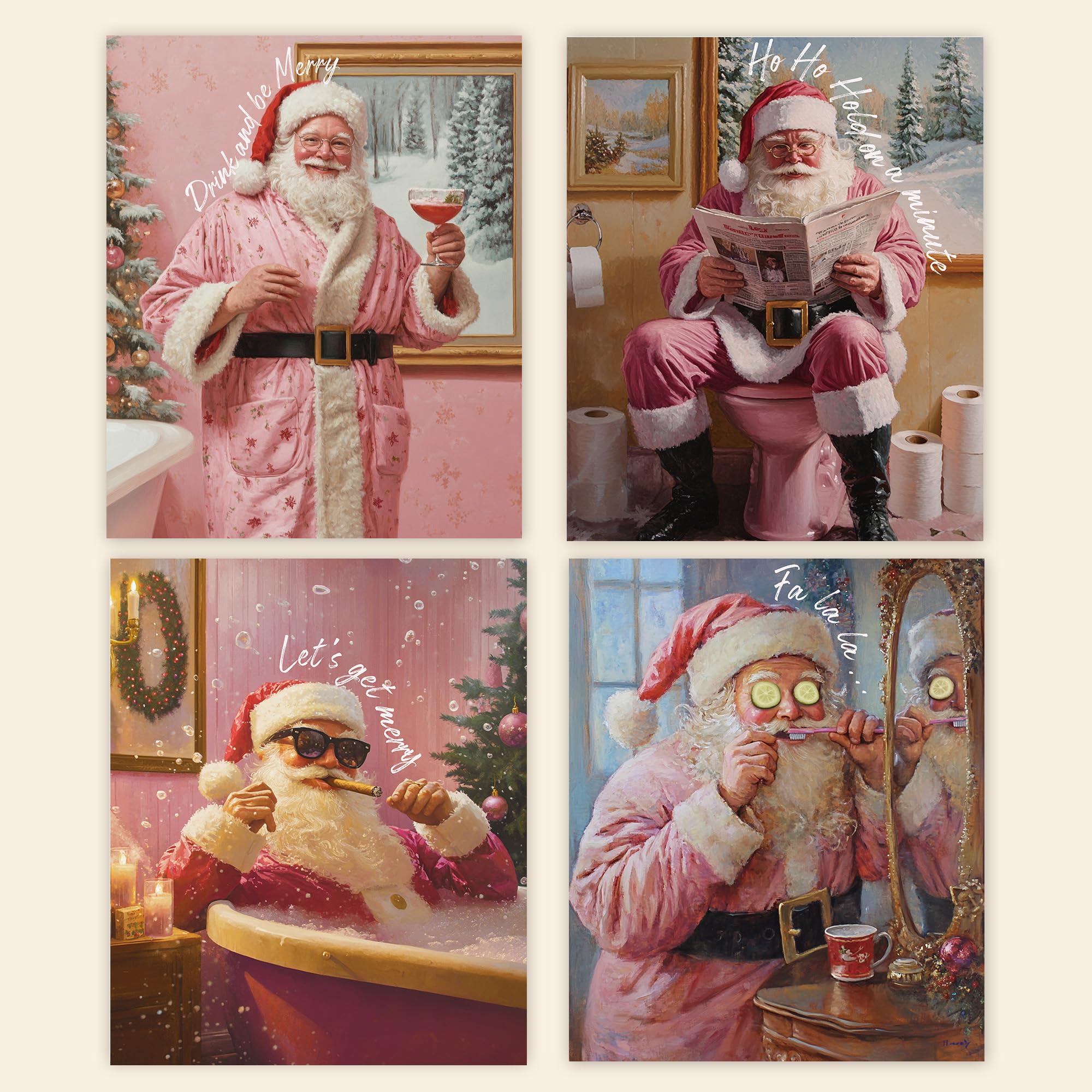 Poecinvi Pink Santa Christmas Bathroom Wall Art Prints Set Of 4, Funny Christmas Bathroom Decor, Pink Santa Merry Christmas Post