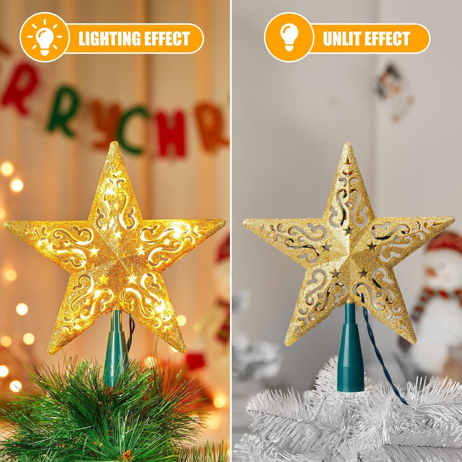 Christmas Star Tree Topper Lighted 7.87    Hollowed 3D Pentagram Built-in 10 Bulbs Hollow Gold Treetop with Glitter Plug in (4 B