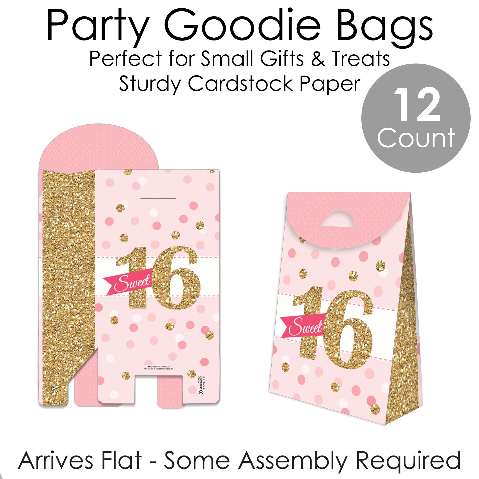 Big Dot Of Happiness Sweet 16-16Th Birthday Gift Favor Bag - Party Goodie Boxes - Set Of 12