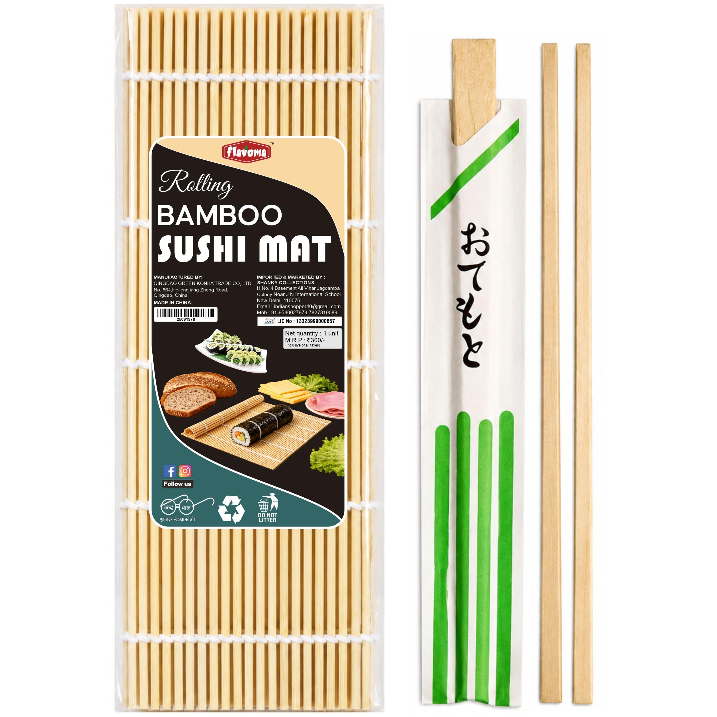 Flavoma Bamboo Sushi Rolling Mat (24cm*24cm) + 2 Pair Wooden Chopsticks 24cm (Based Japanese Sushi Rolling/Korean Kimbap Making 