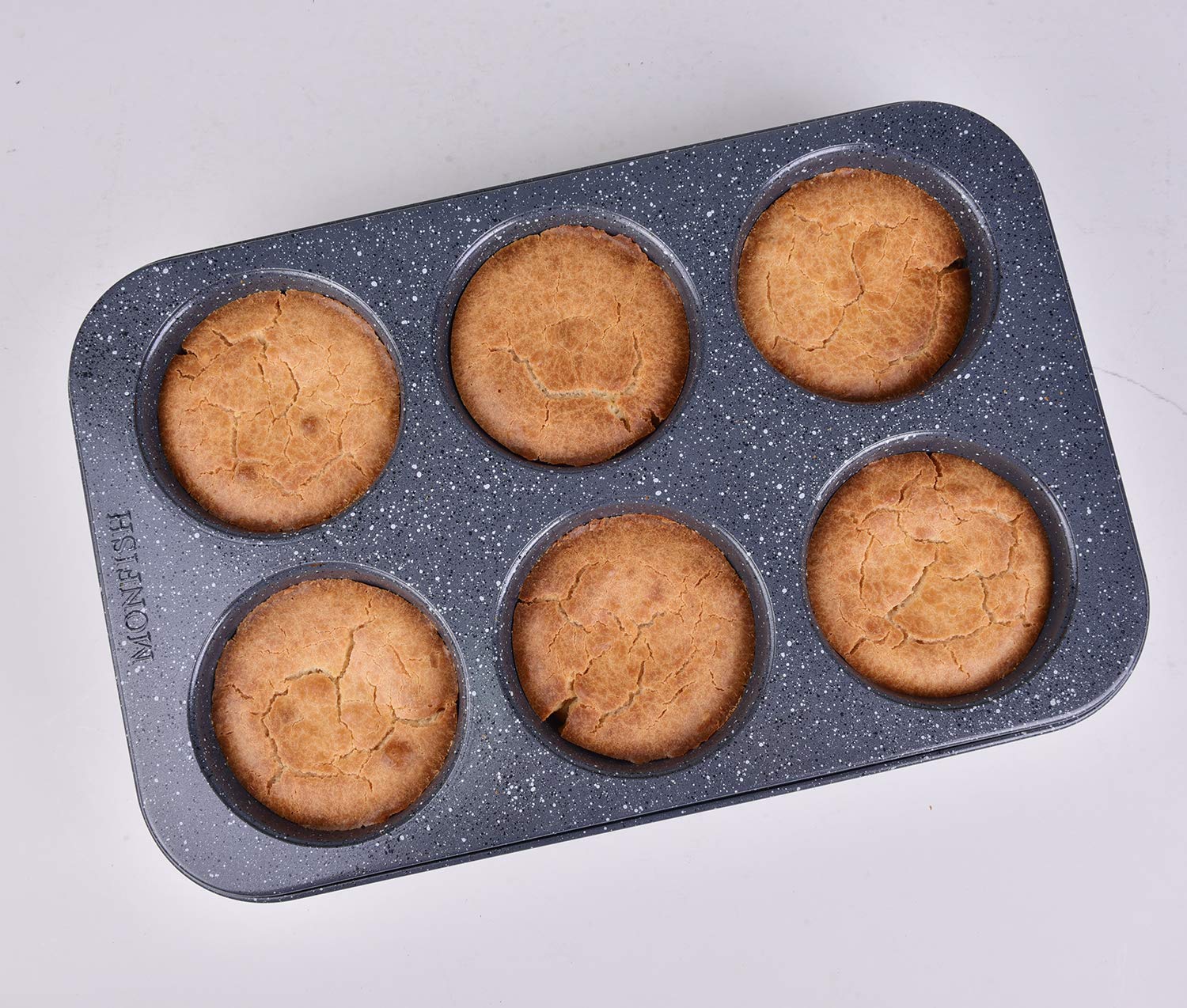 Monfish 2Pcs Deep Jumbo Muffin Pan 6 Cup Carbon Steel Black Stone Non Stick Coating Muffin Tin 3.5Diax3 Cup