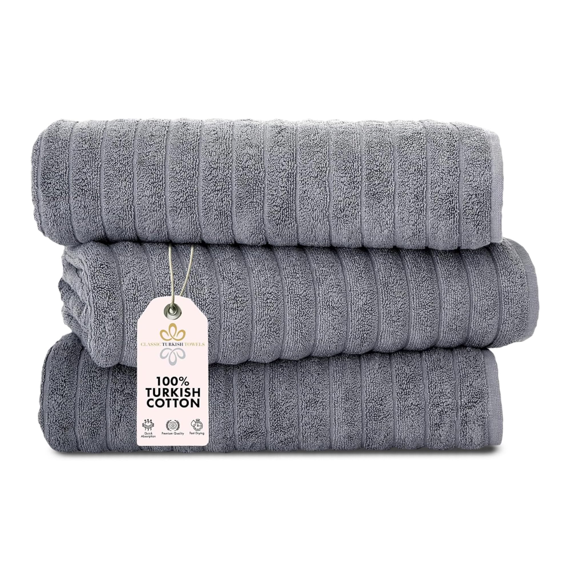 Classic Turkish Towels Luxury Oversized 3-Piece Bath Sheets - Jacquard Ribbed  Extra Large  40x65 Inch  Absorbent Bathroom Towels  100% Turkish Cotton Bathroom Towels (Grey)