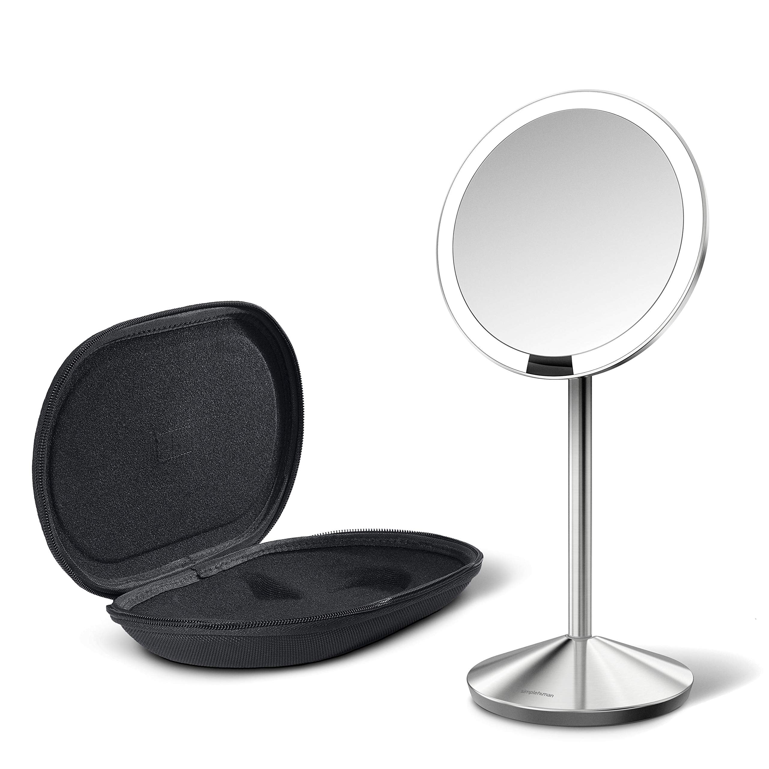 Simplehuman 5'' Round Rechargeable Mini Travel Sensor Makeup Mirror, 10X Magnification, Brushed Stainless Steel