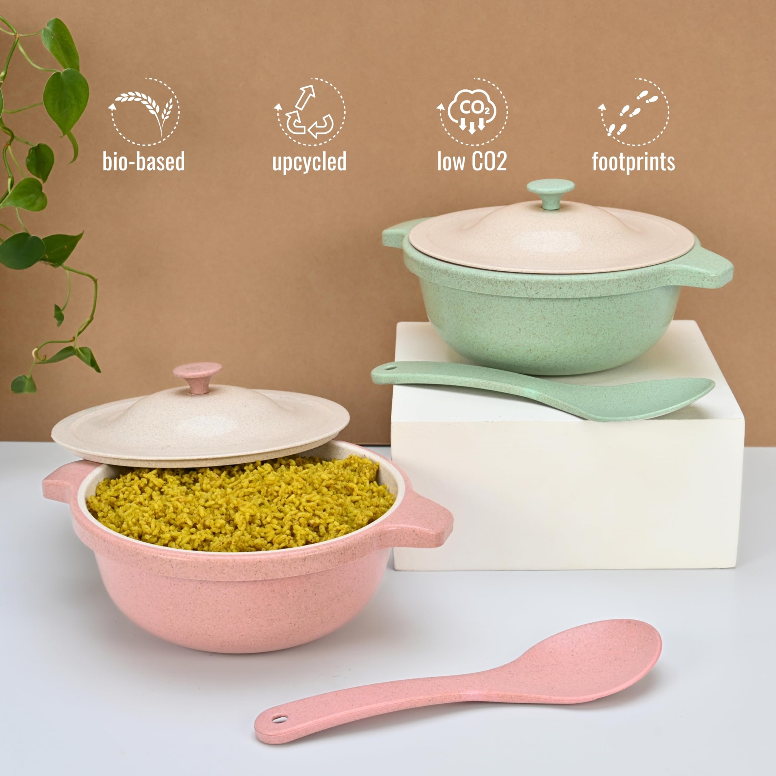 Eha Earth Friendly Mixing Bowls With Lids Set Of 2 | Microwave Safe Serving Bowls | Made With Rice Husk And Bamboo Fibers | 42 O