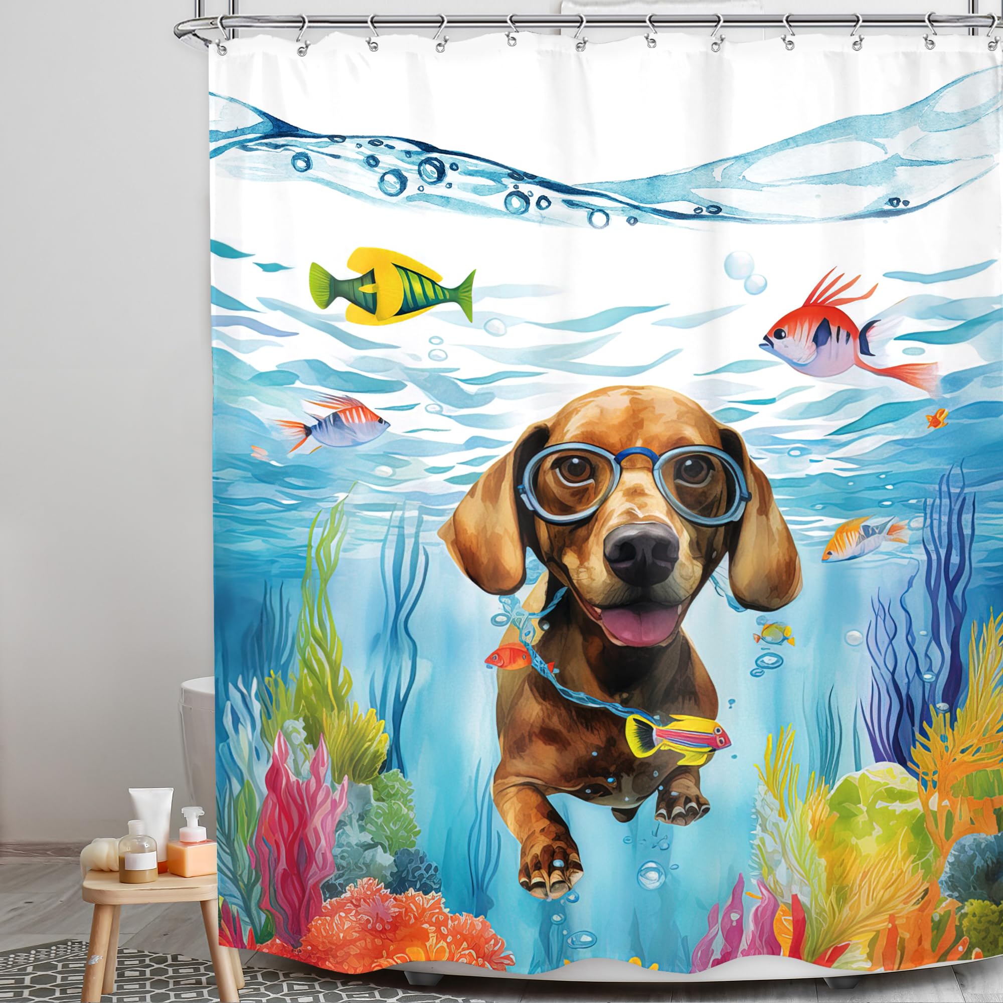 Lghtyro Kids Funny Dog Shower Curtain Bathroom Set 60Wx71H Inches Sea Ocean Hilarious Swimming Cute Animal Underwater Fish Coral