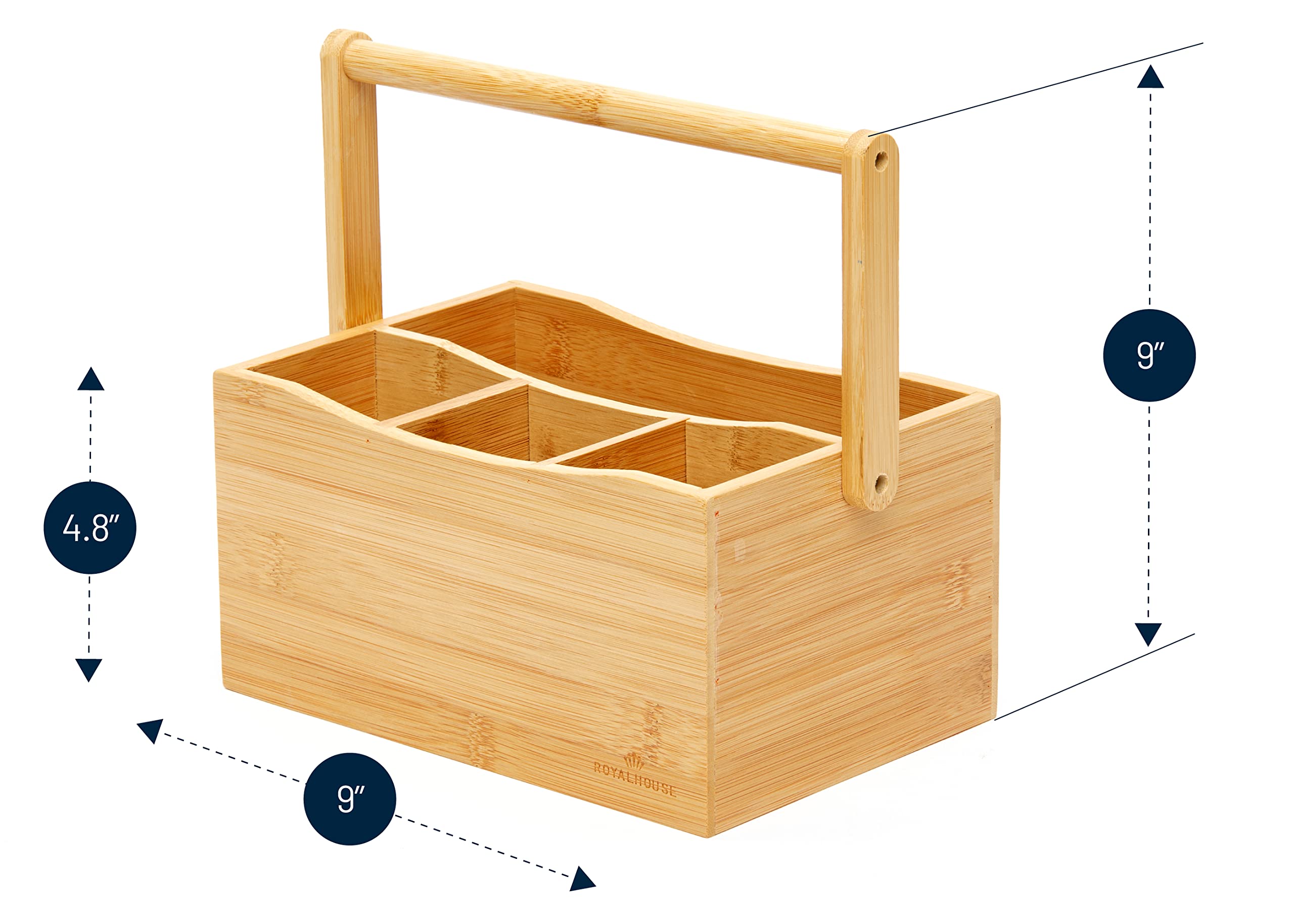 Royalhouse Natural Bamboo Utensil Holder And Organizer For Kitchen Countertop, Bamboo Picnic Basket With Folding Handle For Camp