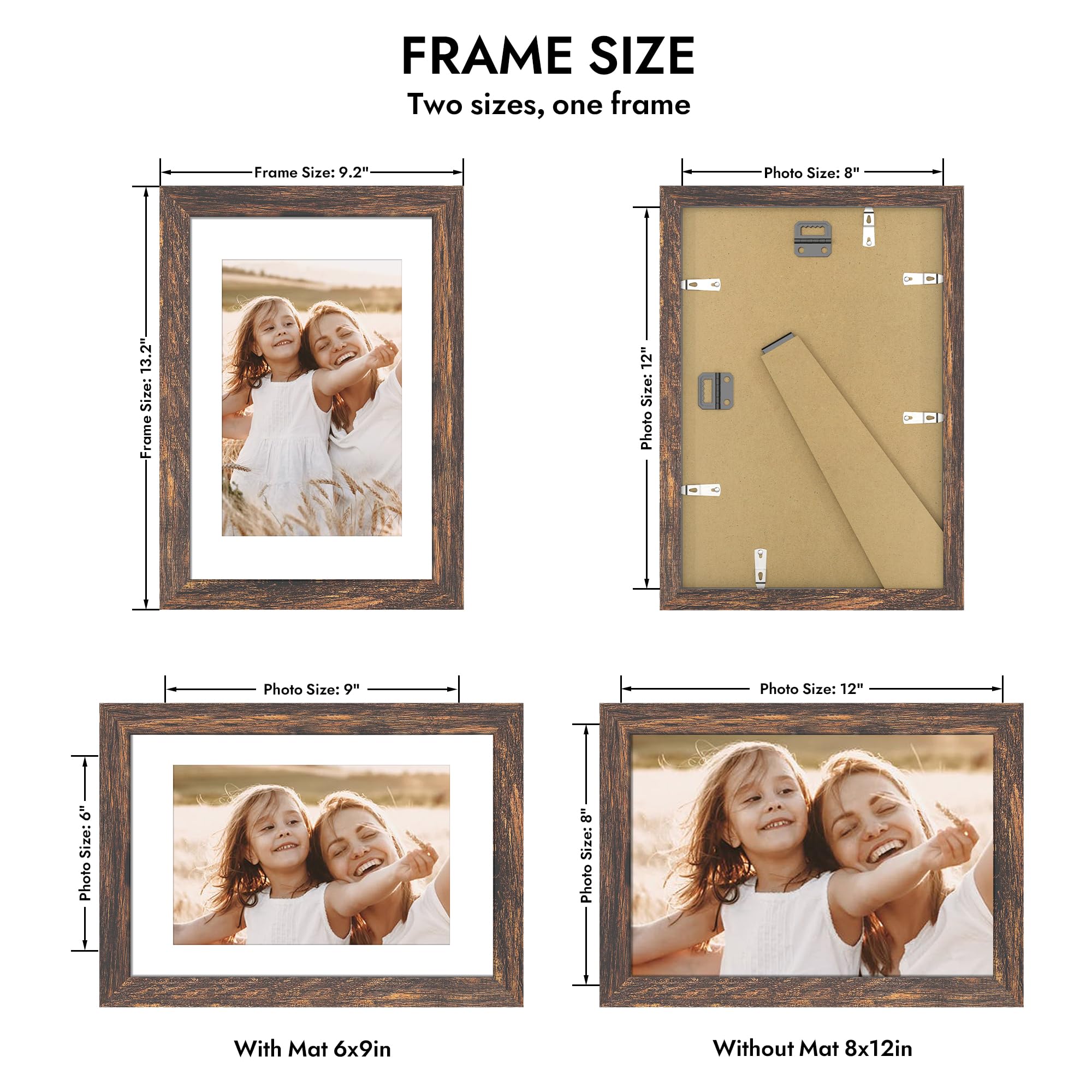 Hongkee 8x12 Picture Frame with Glass, Display Pictures 6x9 with Mat or 8 x 12 without Mat - Wall and Tabletop, 8 by 12 Photo Wo