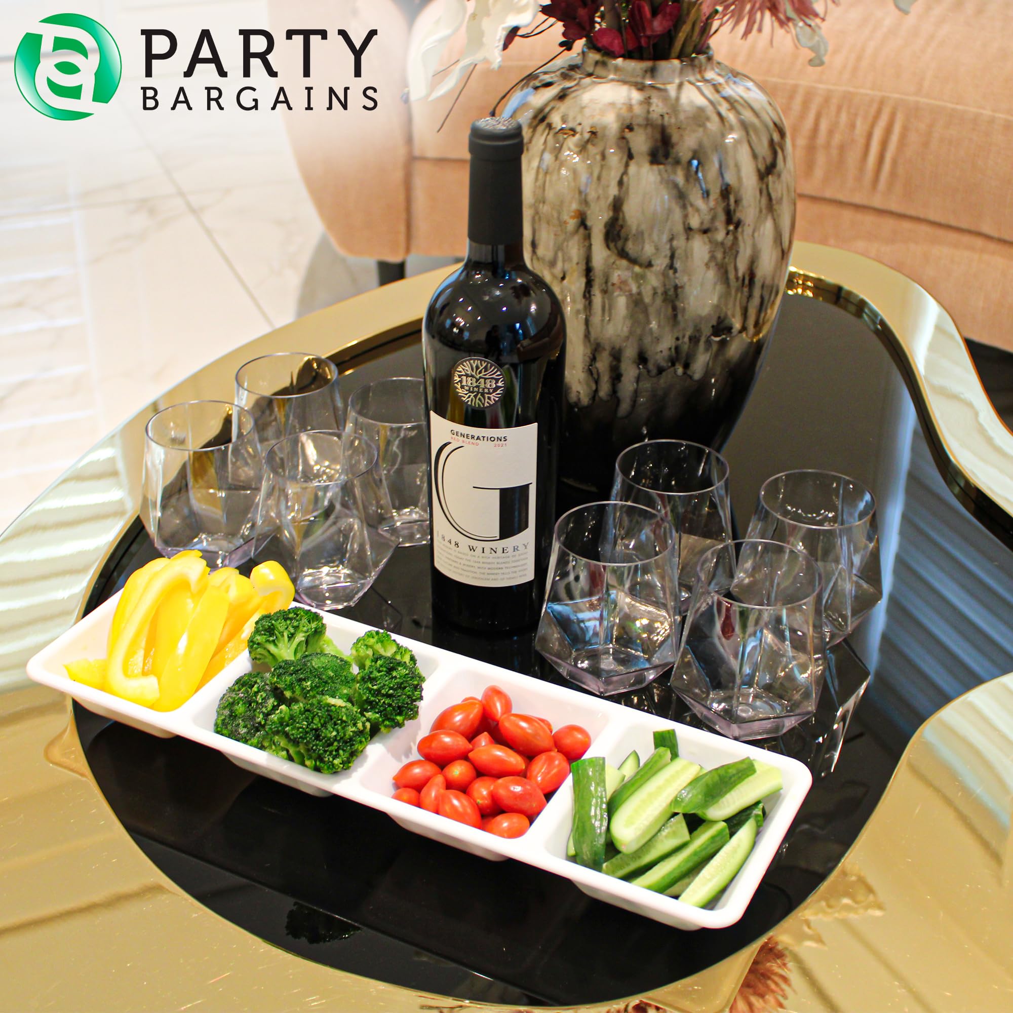 Party Bargains Disposable Sectional Rectangular Serving Tray White [4 Pack] 5 X 16 Inches. 4 Compartments Plastic Serving Tray F