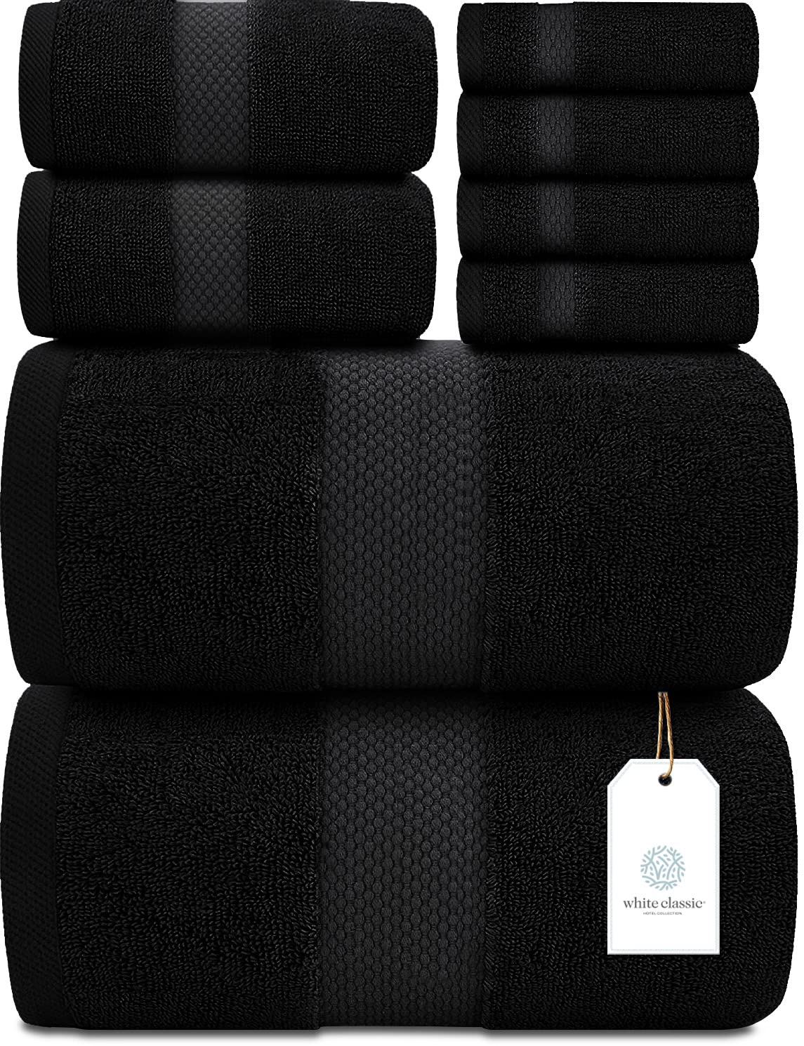 White Classic Luxury Black Bath Towel Set - Combed Cotton Hotel Quality Absorbent 8 Piece Towels | 2 Bath Towels | 2 Hand Towels