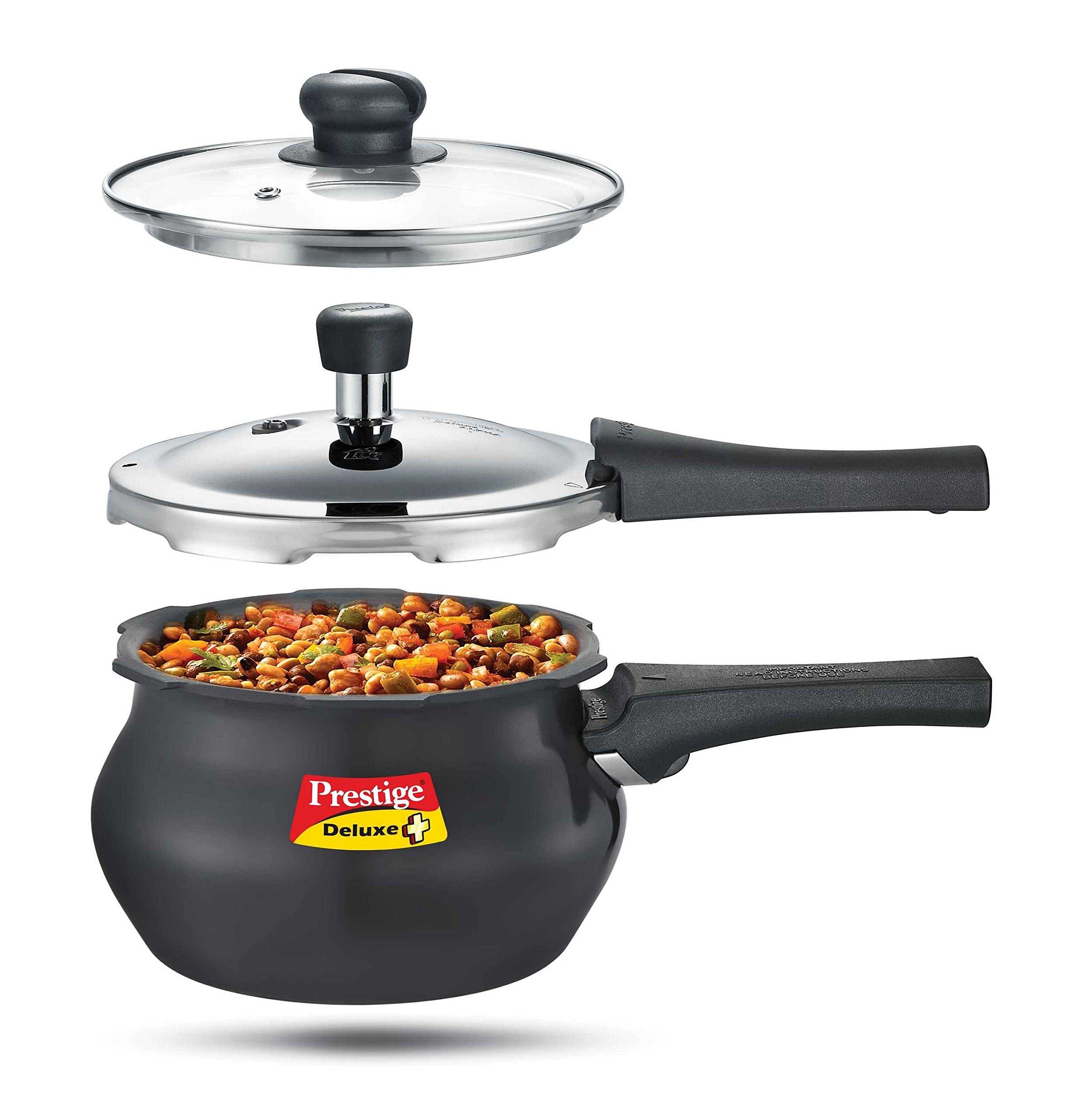 Prestige Deluxe Duo Plus Induction Base Hard Anodised Pressure Cooker Handi Glass Lid, 3.3 Litre, Black