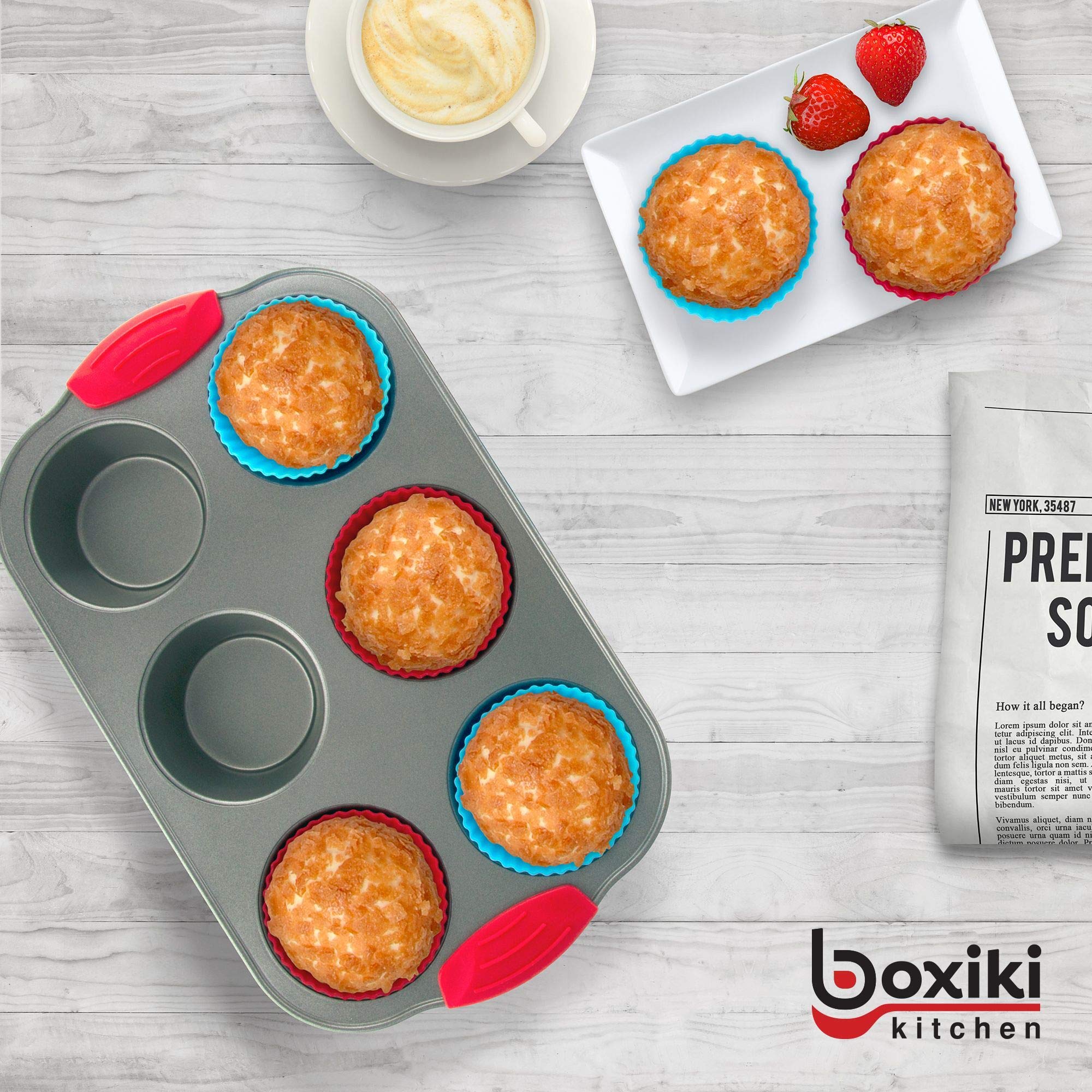 Boxiki Kitchen Non-Stick Steel 6 Cup Muffin Pan With Silicone Handles And Reusable Liners - Perfect For Baking Large Muffins And