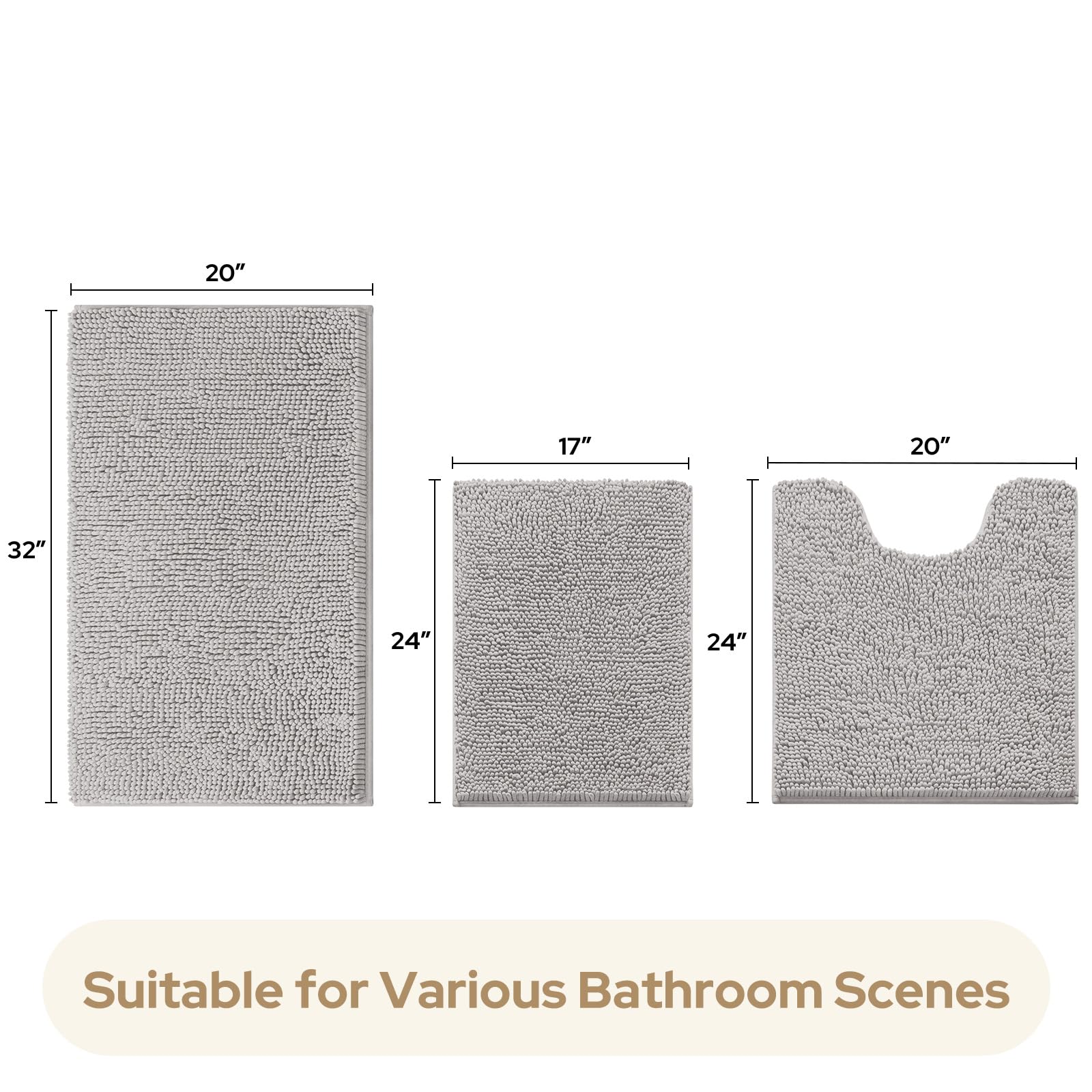 HOMEIDEAS 3 Pieces Bathroom Rugs  Ultra Soft Non Slip Absorbent Chenille Toilet Bath Mat Set (Light Grey)