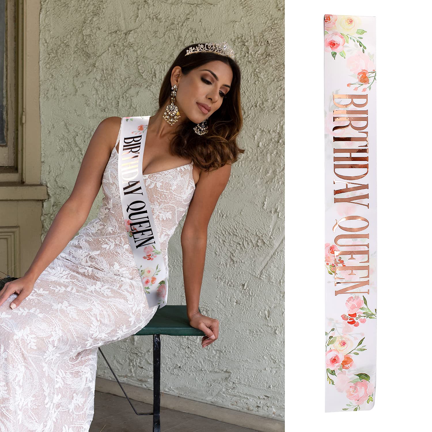 Gold Birthday Prom Queen Tiara Crown For Women, Happy Birthday Flower Crown Sash, Birthday Decorations Party Favors Supplies Bir