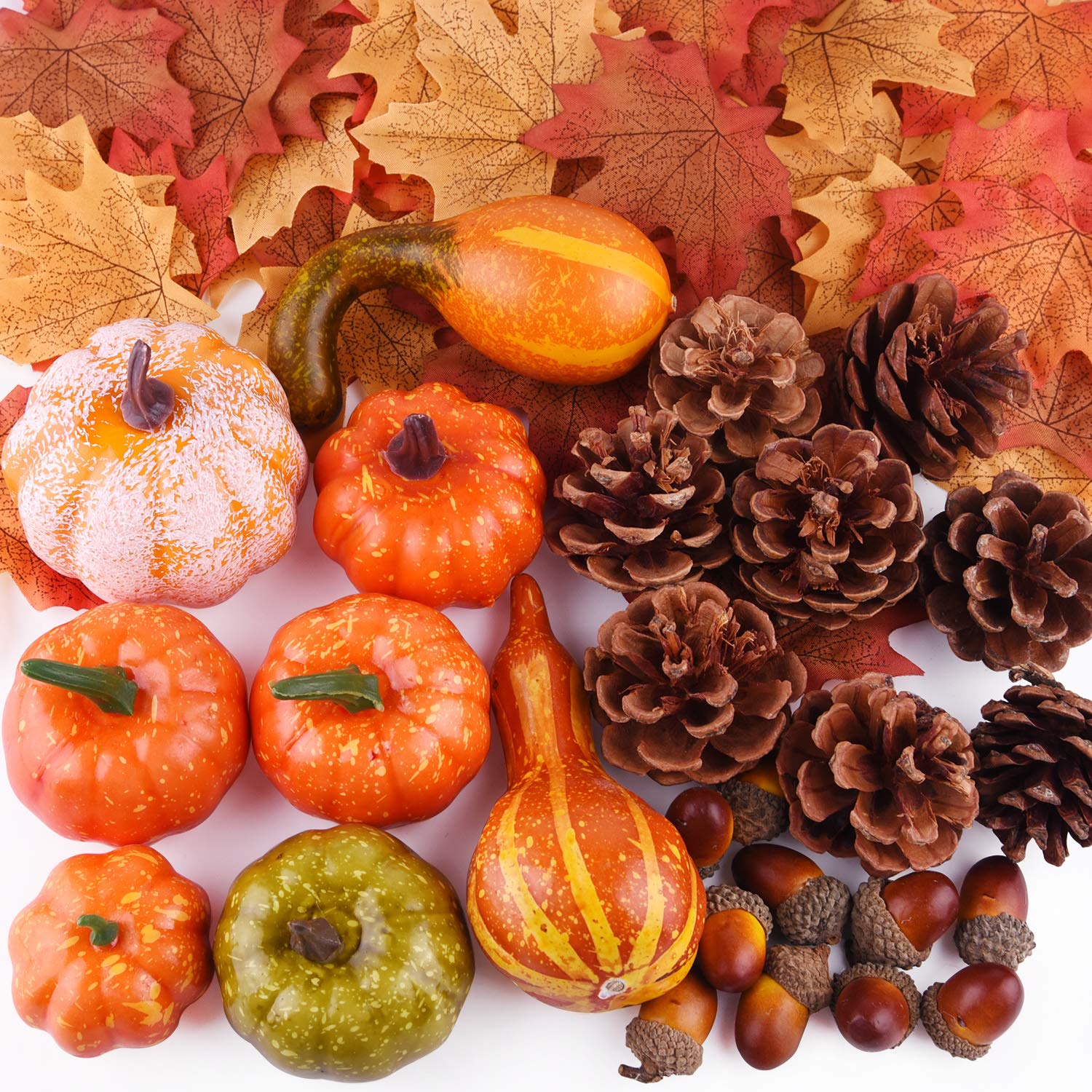 FEPITO 56 Pcs Fall Thanksgiving Decorations, Mini Artificial Pumpkins, Pine Cones, Fall Leaves, Acorns for Fall Party Decoration