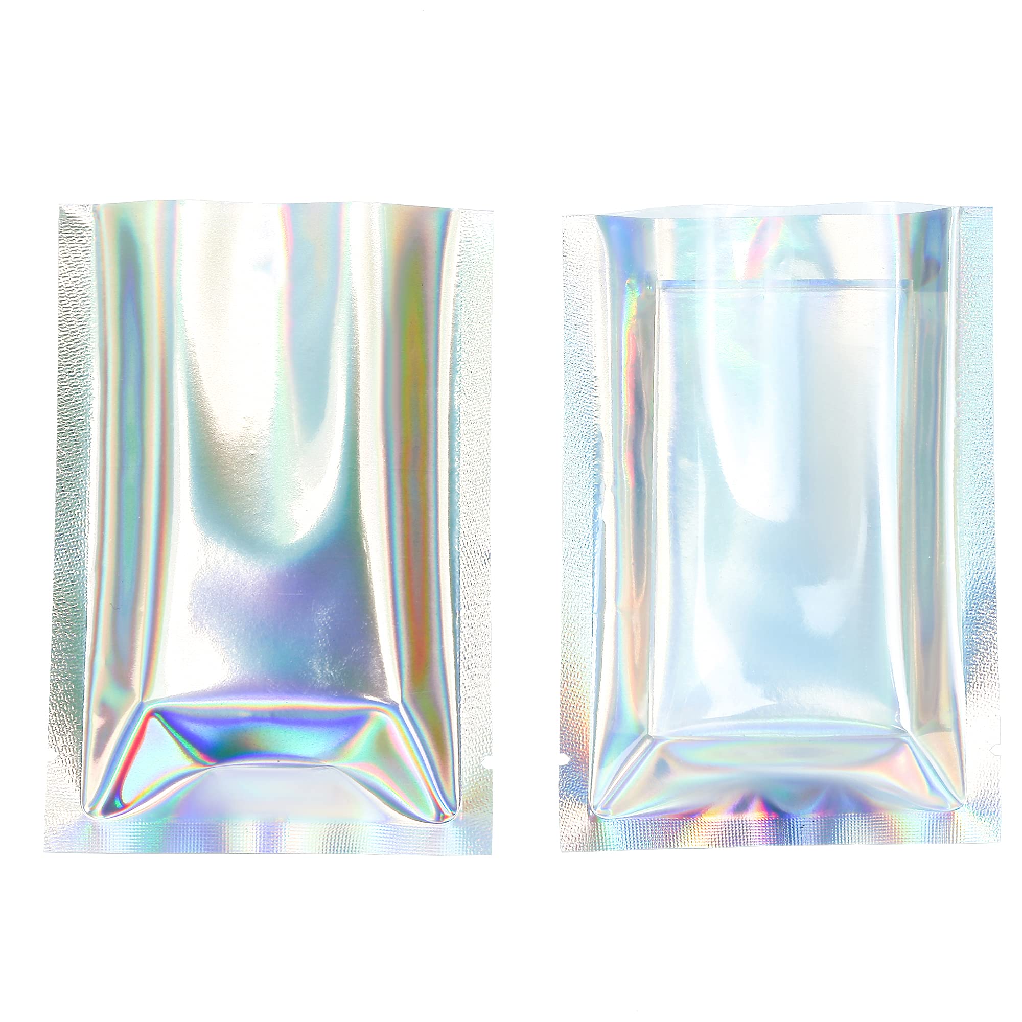 QQ Studio 100 PCS Metallic Mylar Foil Open Top Sealable Bags (6x9cm (2.3x3.5), Clear & Holographic)