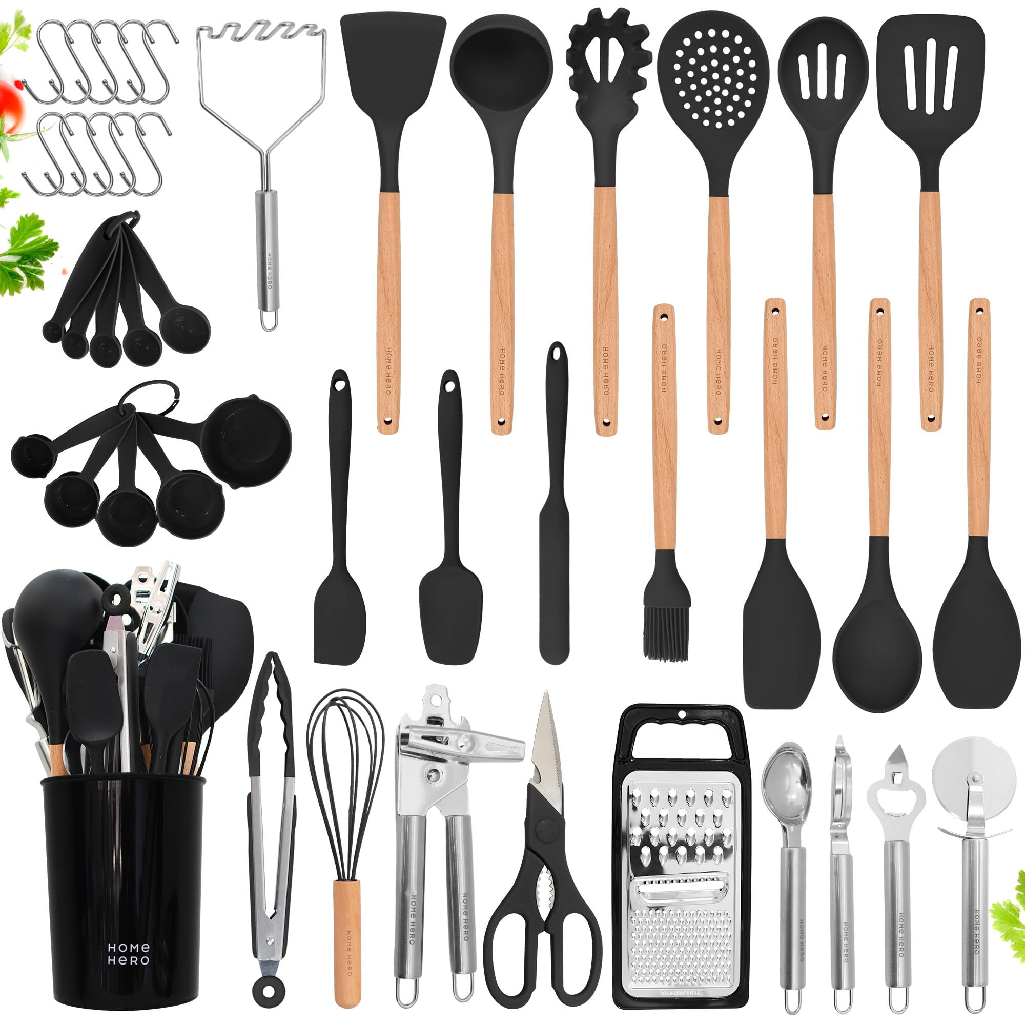 Home Hero 44 Pcs Silicone Kitchen Utensils Set, Non-Stick Silicone Cooking Utensils Set With Spatula, Wooden Handle Spatula, Sil