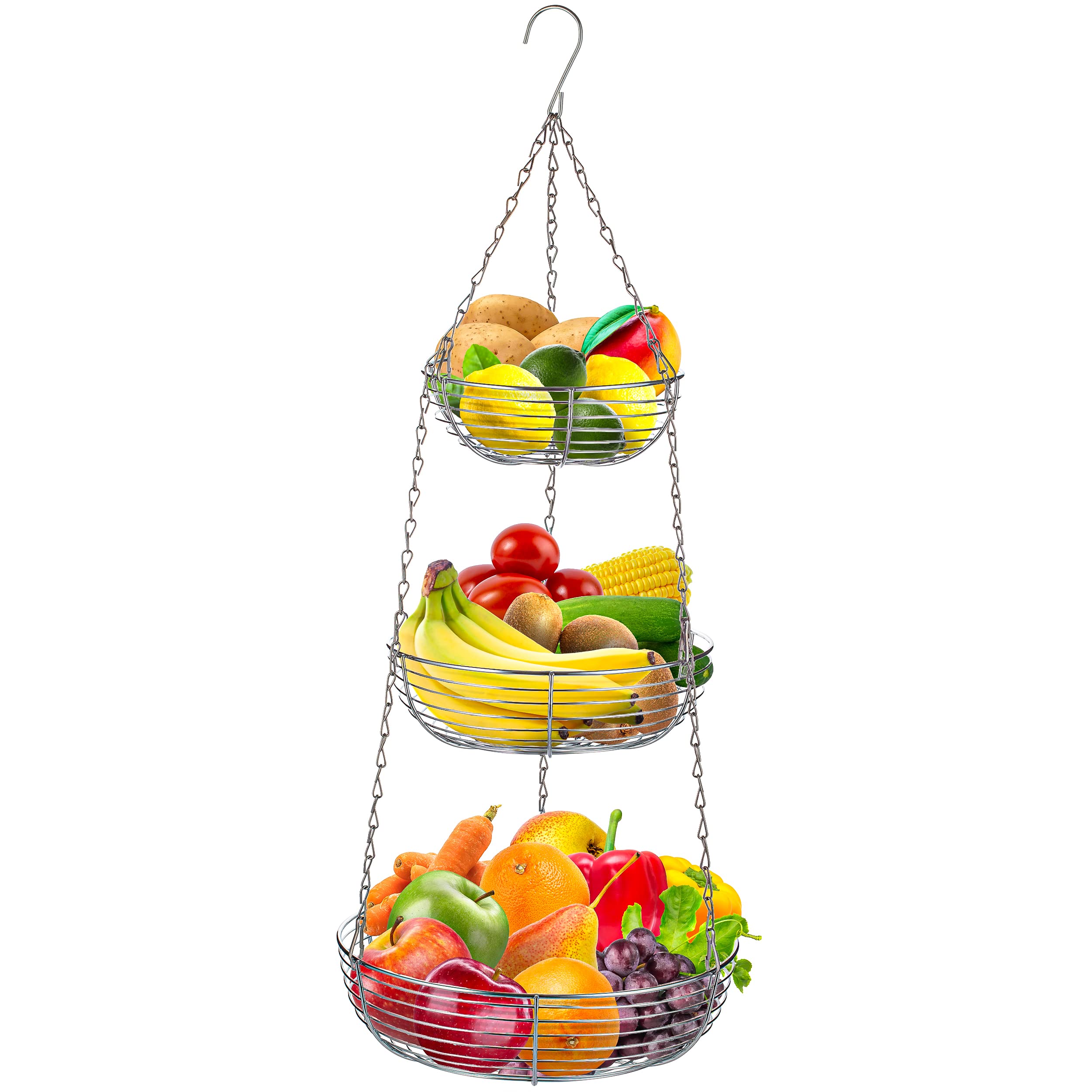 Heavy Duty 3-Tier Hanging Fruit And Vegetable Basket With 2 Metal Ceiling Hooks, Chrome