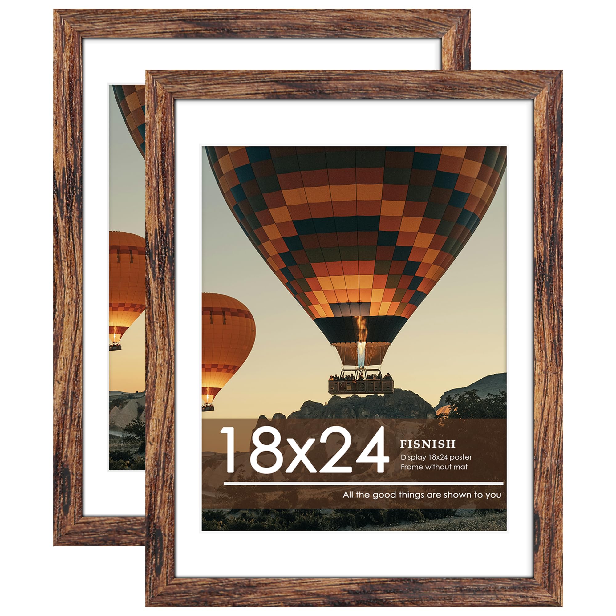 Fisnish 18x24 Picture Frame Brown 2 Pack, Display Pictures 16x20 with Mat or 18 x 24 Without Mat, Classic Poster Frame for Horiz