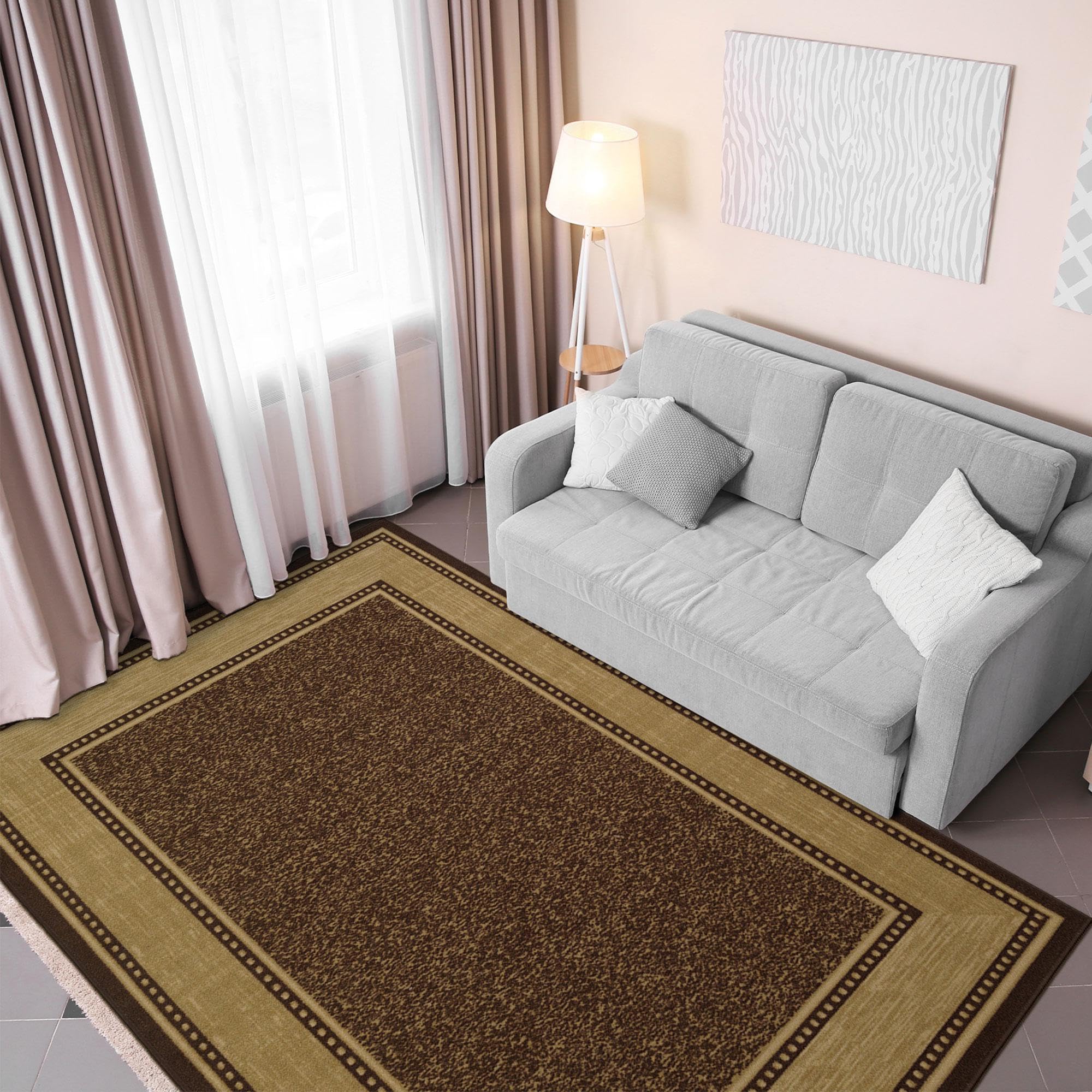 Machine Washable Bordered Design Non-Slip Rubberback 3x5 Traditional Area Rug for Living Room, Bedroom, Kitchen, 33 x 5, Brown