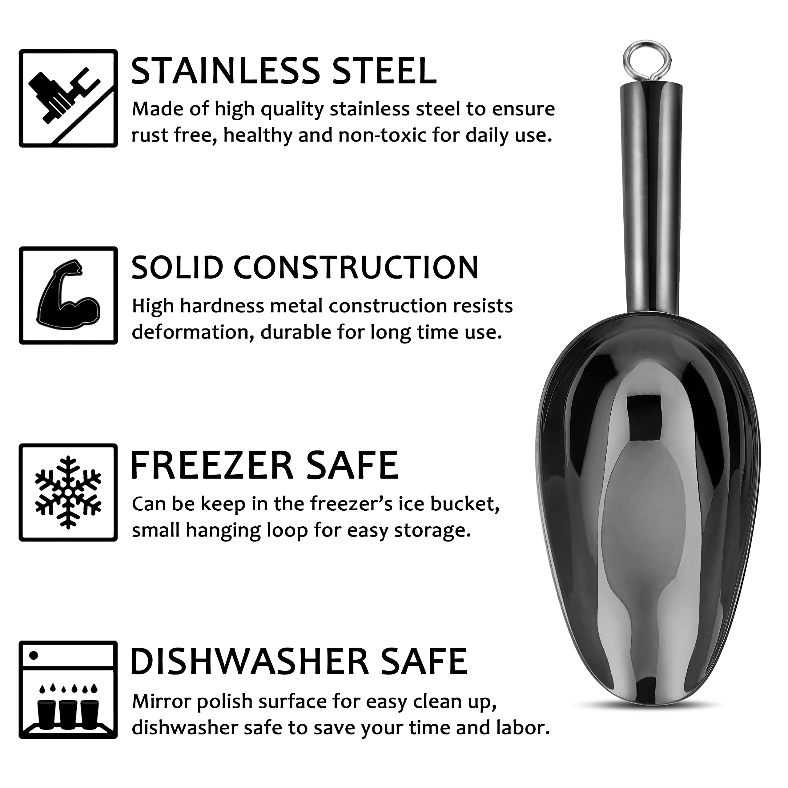 6 Ounce Ice Scoop Set Of 2, E-Far Platinum Black Stainless Steel Small Scoops For Ice Cube/Candy/Flour/Sugar, Metal Utility Scoo