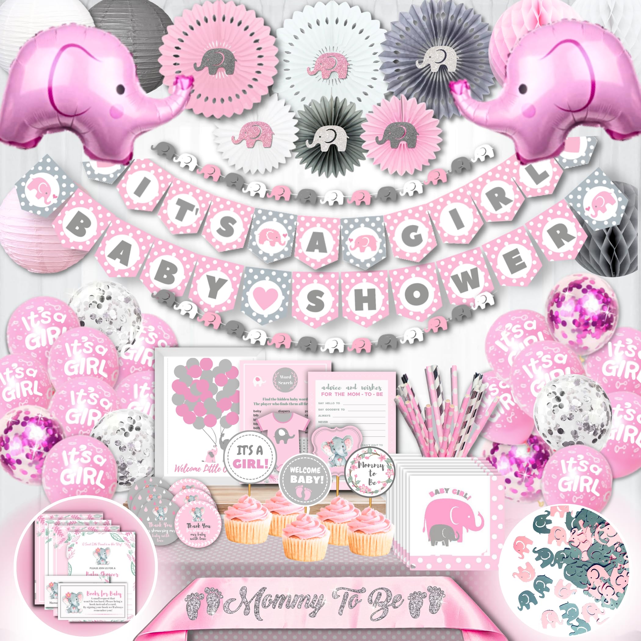 697 Pc Premium Elephant Baby Shower Decorations For Girl Set It'S A Girl Banners, Napkins, Straws, Guest Book, Paper Lanterns, H