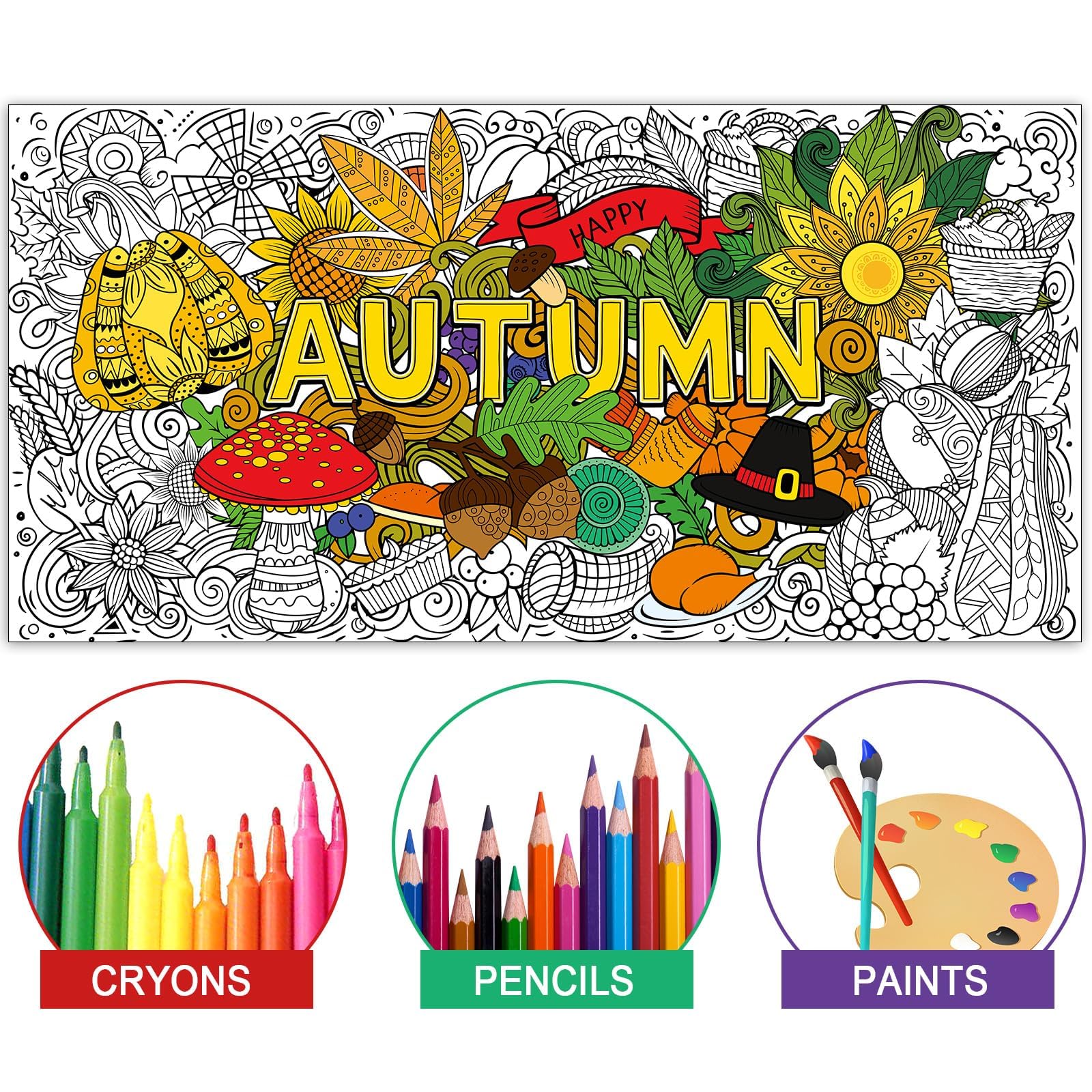 ZOIIWA Fall Coloring Poster Mandala Autumn Giant Coloring Tablecloth Fall Jumbo Pumpkin Sunflower Leaves Coloring Pages for Kids
