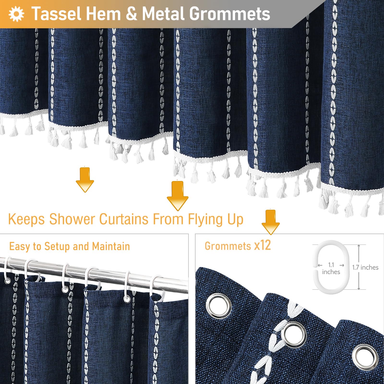 Bttn Extra Long Shower Curtain, 72X96 Long Striped Boho Chic Linen Fabric Heavy Duty Shower Curtain Set With Hooks, Tall Bohemia