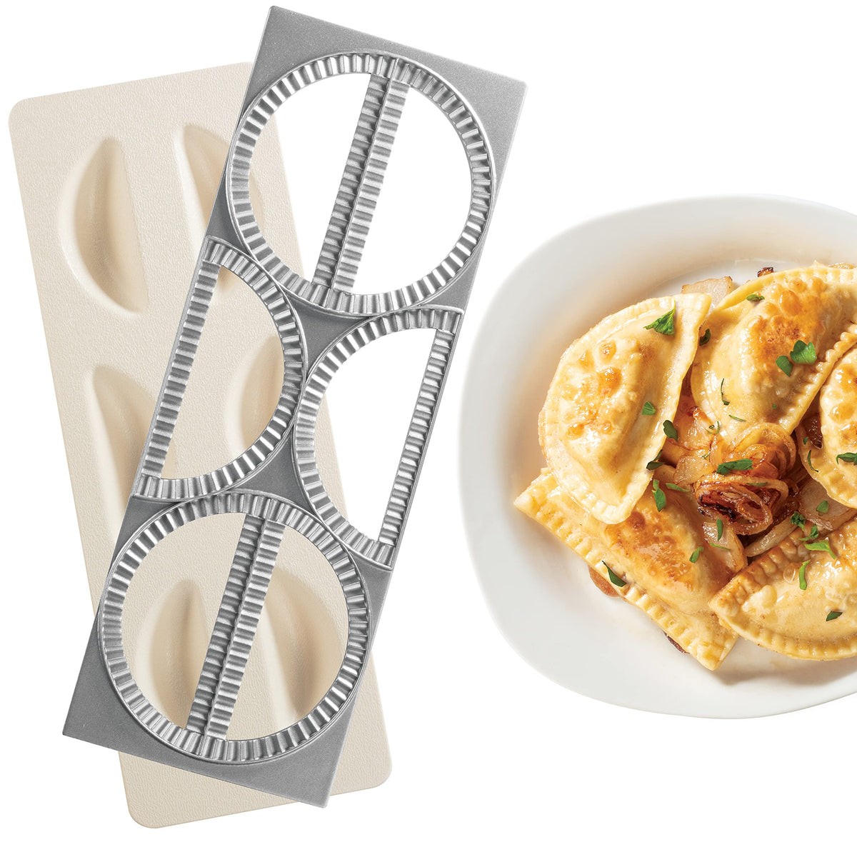 Cucinapro Pierogi Maker W Tray And Press - Makes 6 Pierogis, Dumplings, Potstickers Or Pastry At Once - Stainless Steel, Durable