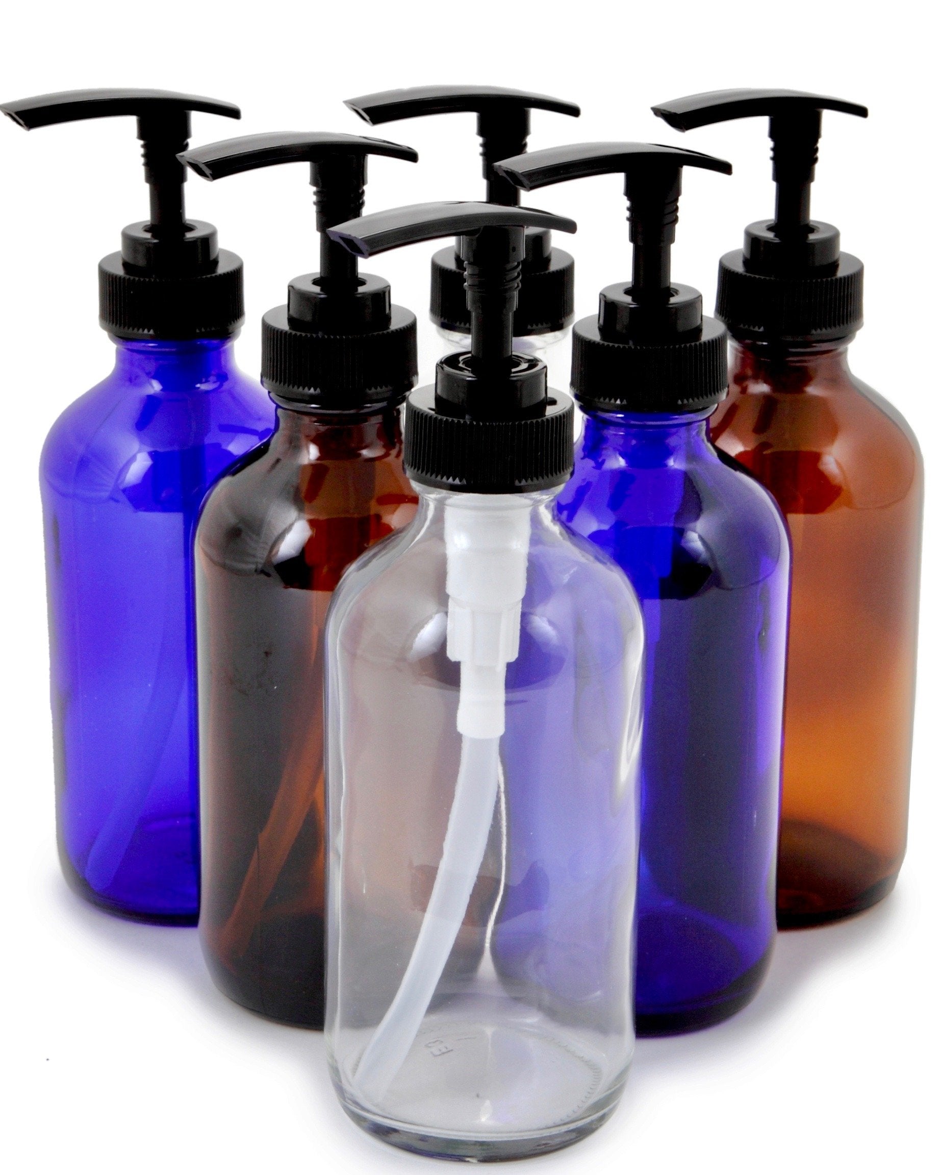 Vivaplex, 6, Large, 8 Oz, Empty, Assorted Colors, Glass Bottles With Black Lotion Pumps