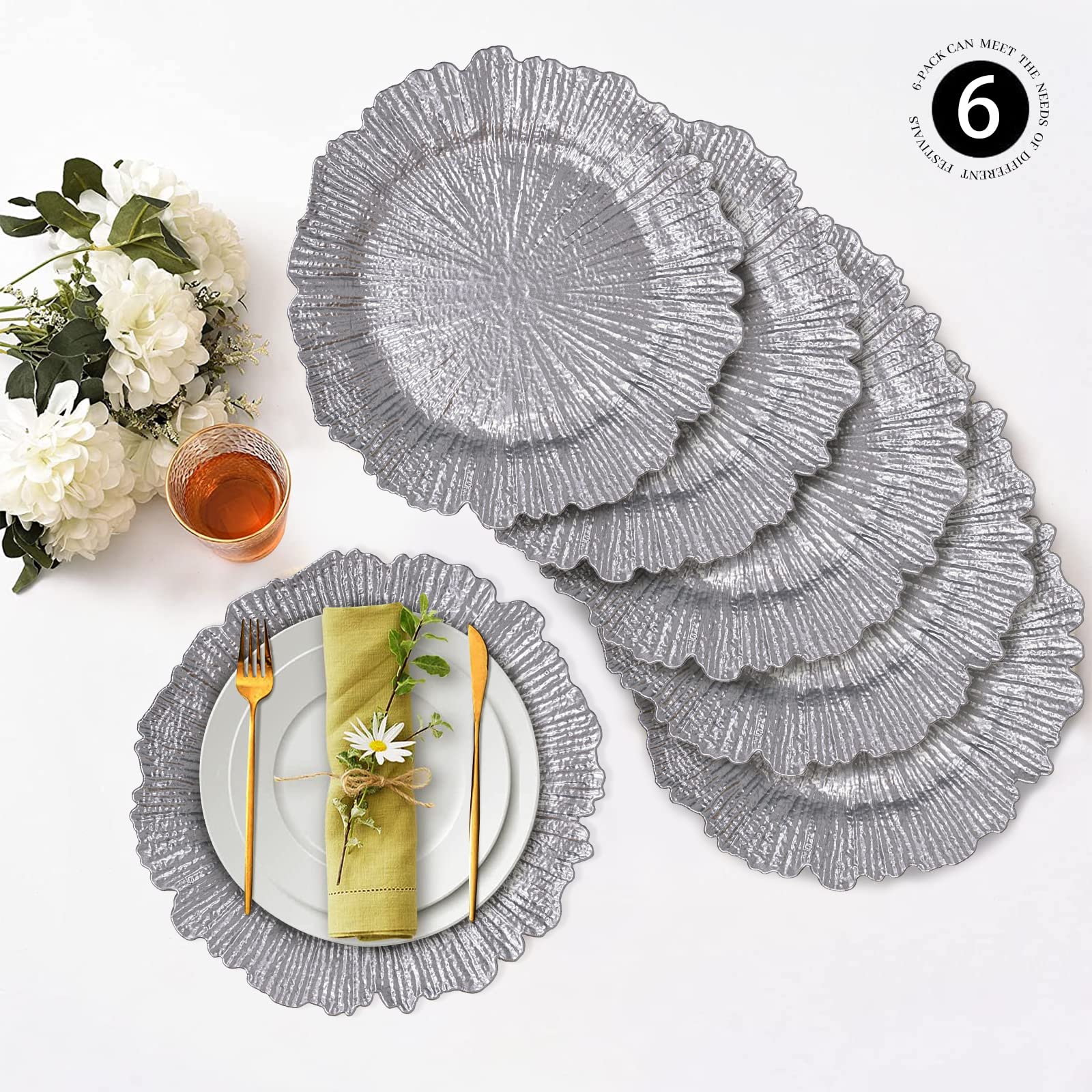 Maoname Round 13'' Silver Charger Plates, Plastic Reef Plate Chargers For Dinner Plates, Wedding, Elegant D